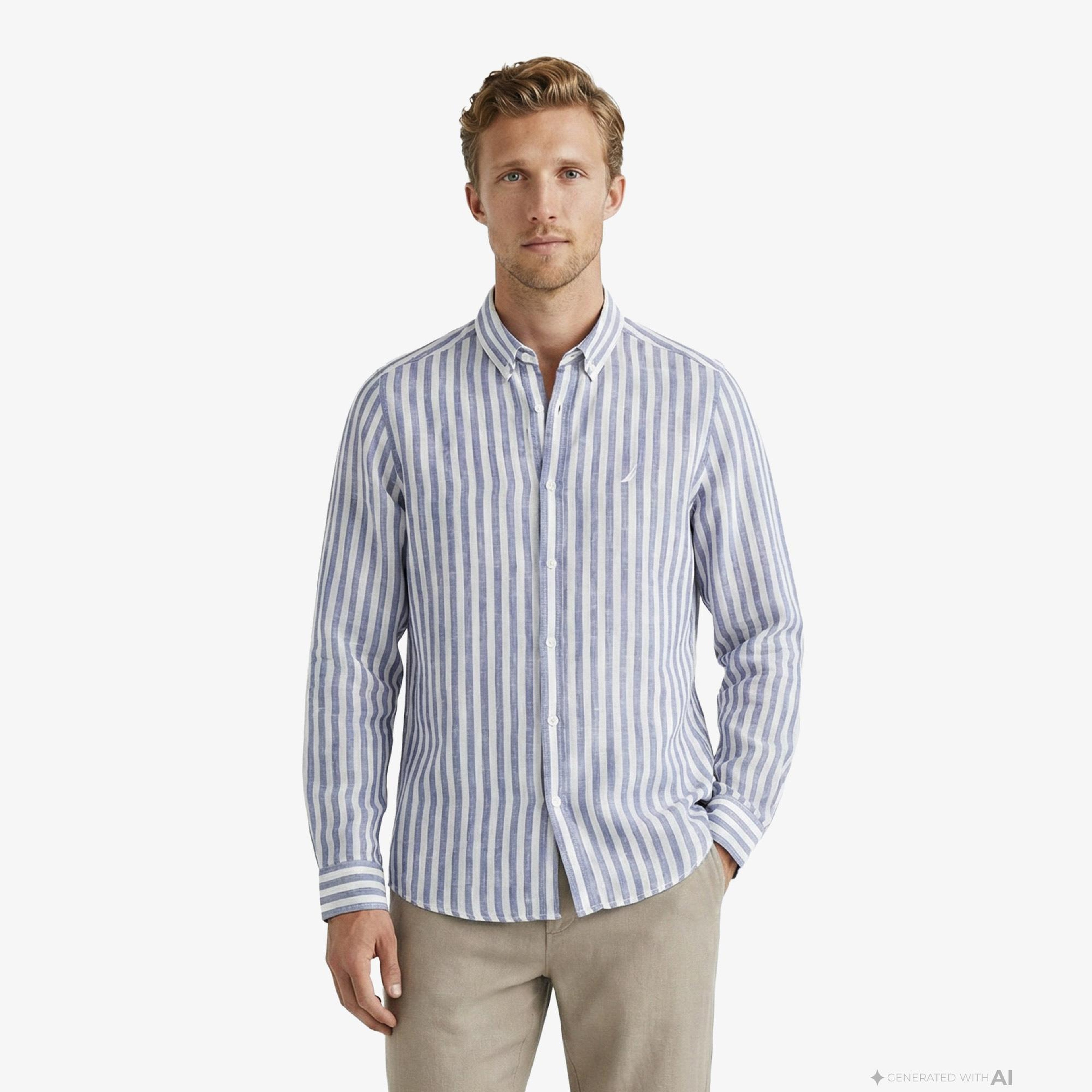 Nautica Erkek Koyu Mavi Regular Fit Çizgili Keten Gömlek