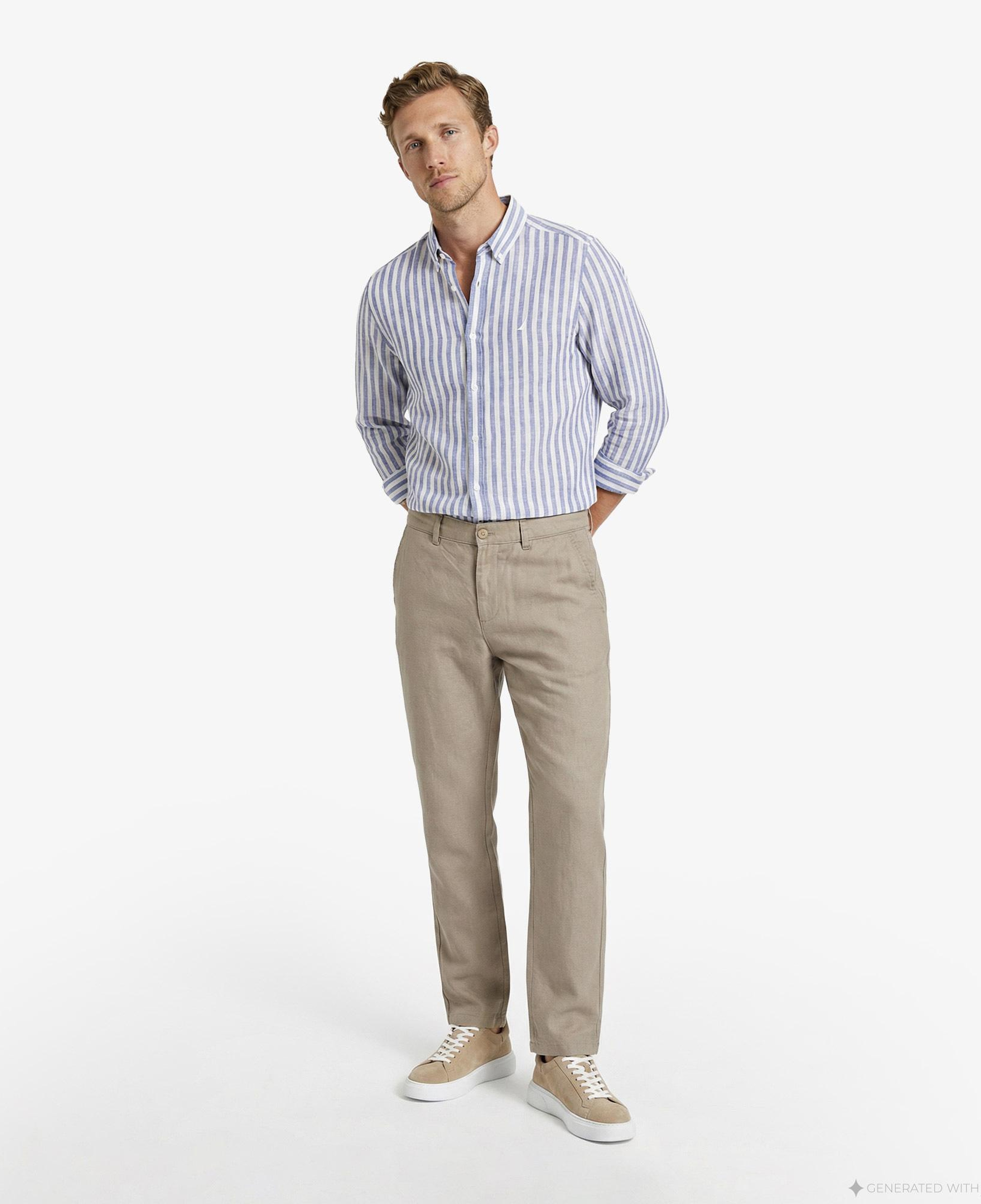 Nautica Erkek Koyu Mavi Regular Fit Çizgili Keten Gömlek