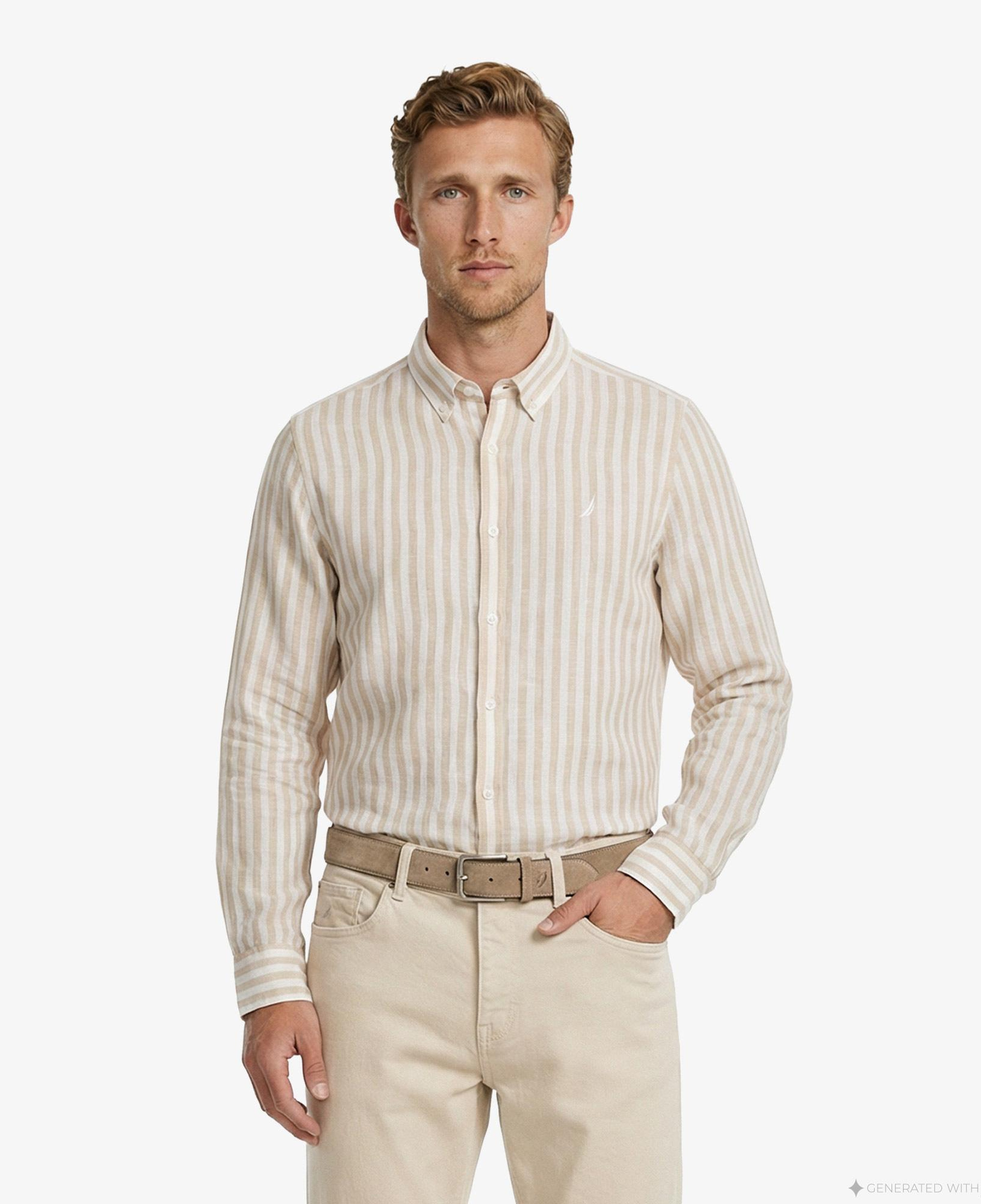Nautica Erkek Bej Regular Fit Çizgili Keten Gömlek