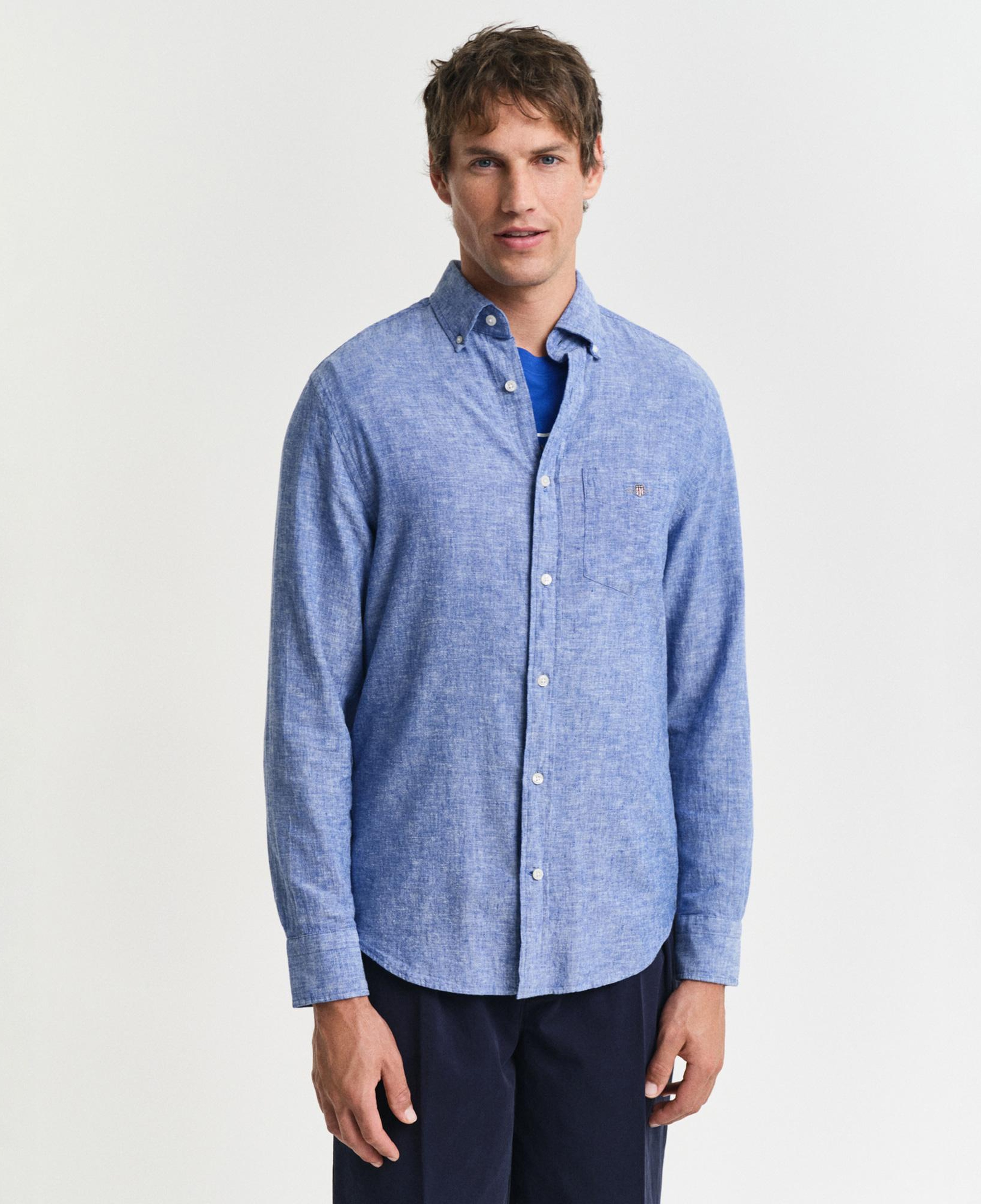 GANT Erkek Lacivert Regular Fit Düğmeli Yaka Keten Gömlek