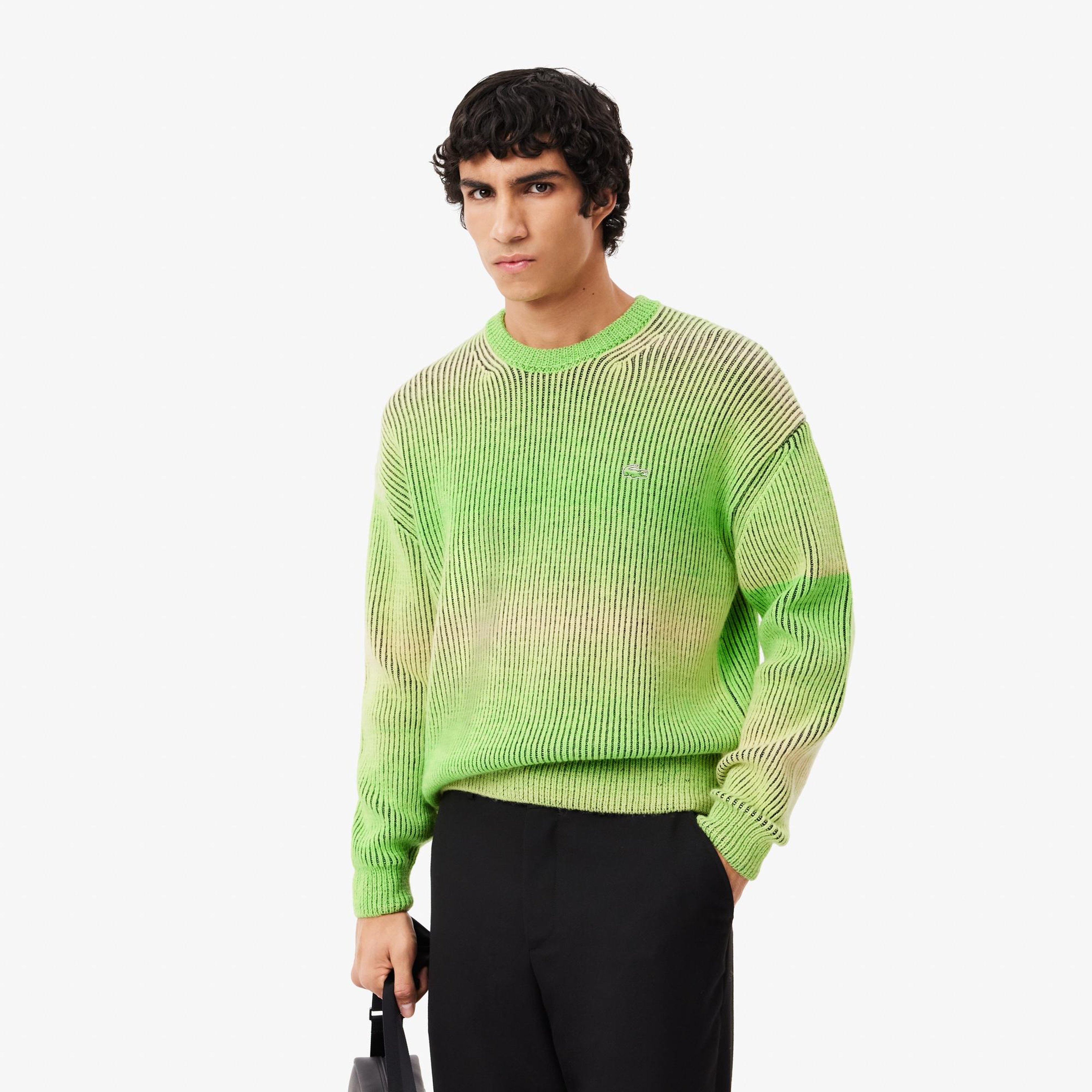 Erkek Relaxed Fit Bisiklet Yaka Yeşil Yün Karışımlı Kazak
