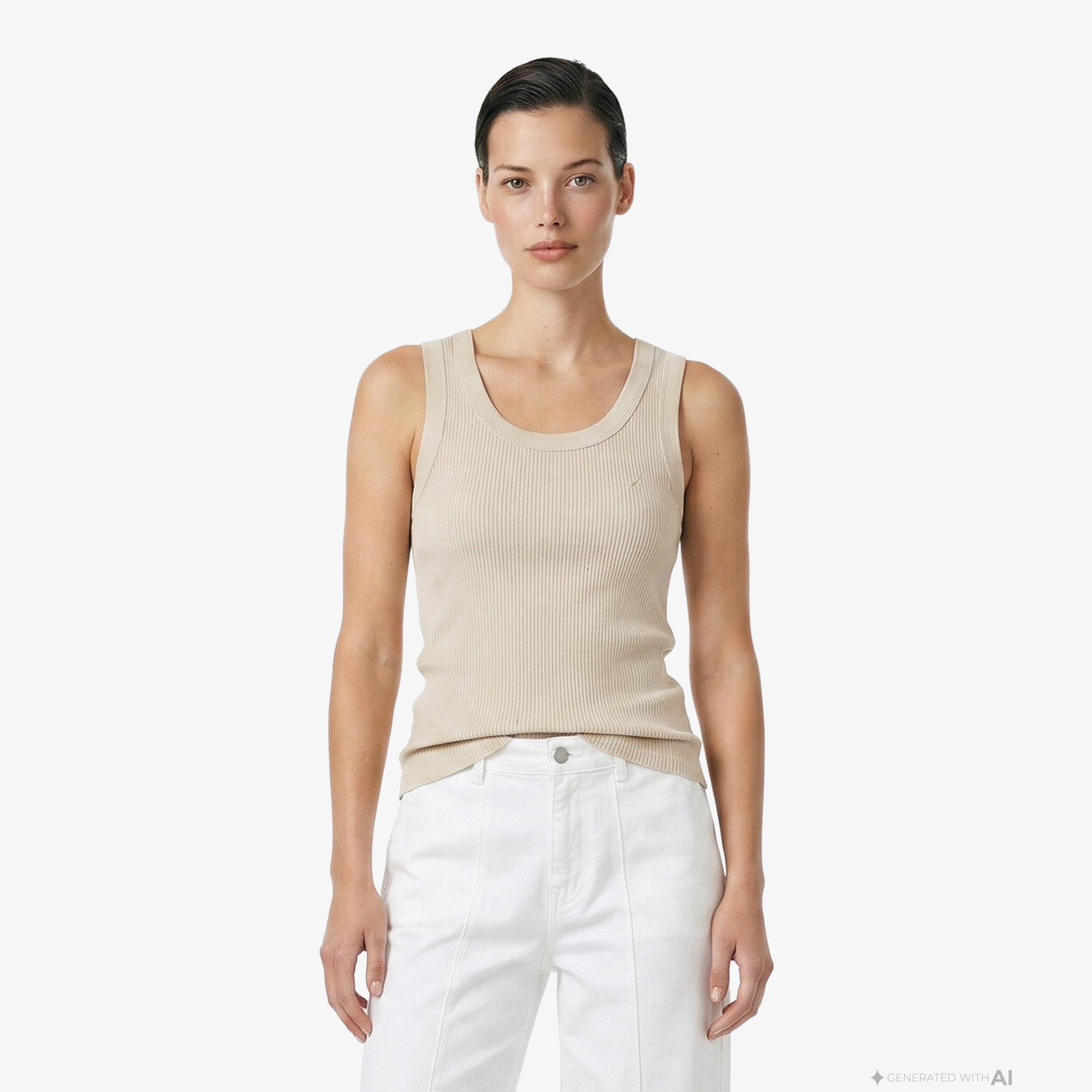 Nautica Kadın Bej Slim Fit Kolsuz T-Shirt