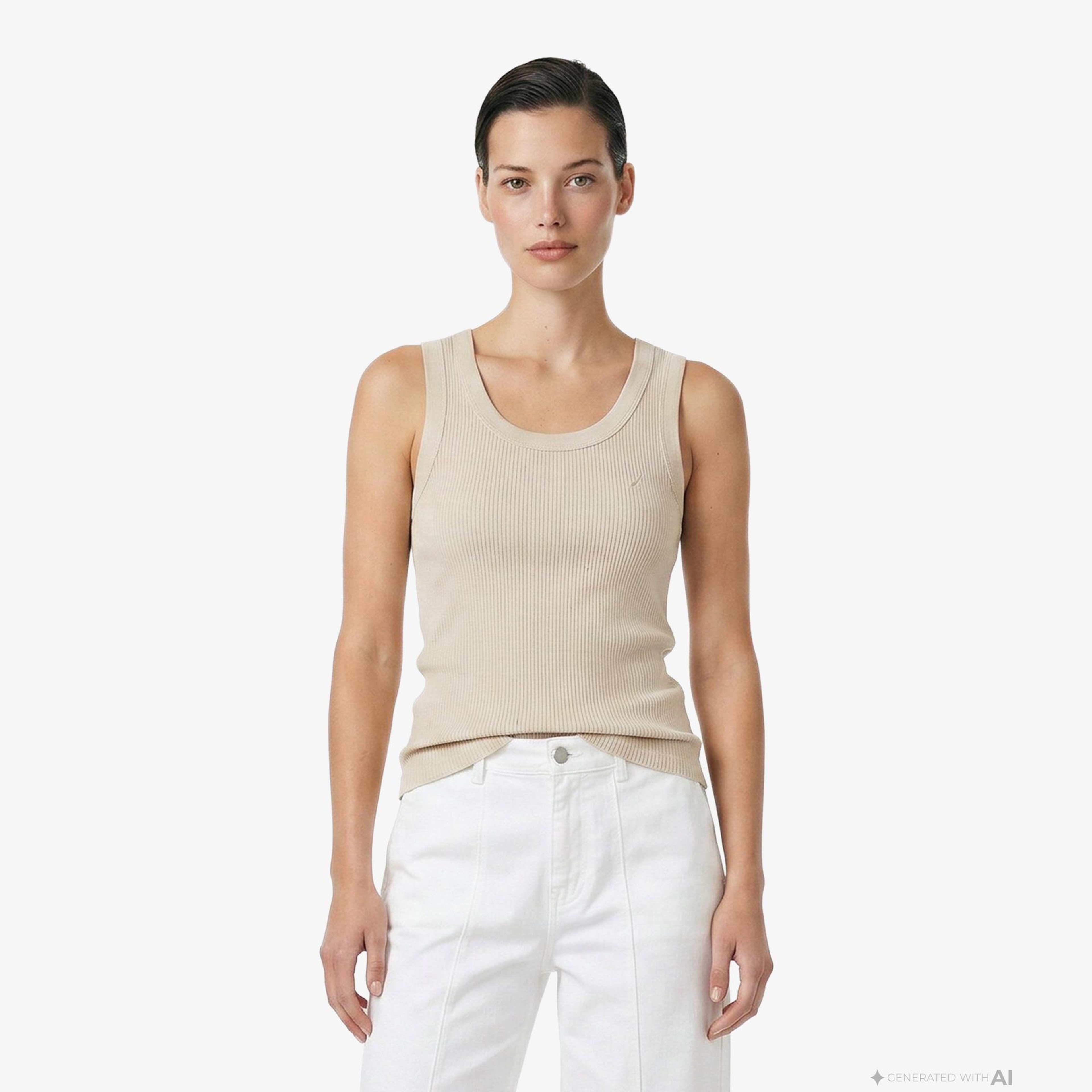 Nautica Kadın Bej Slim Fit Kolsuz T-Shirt