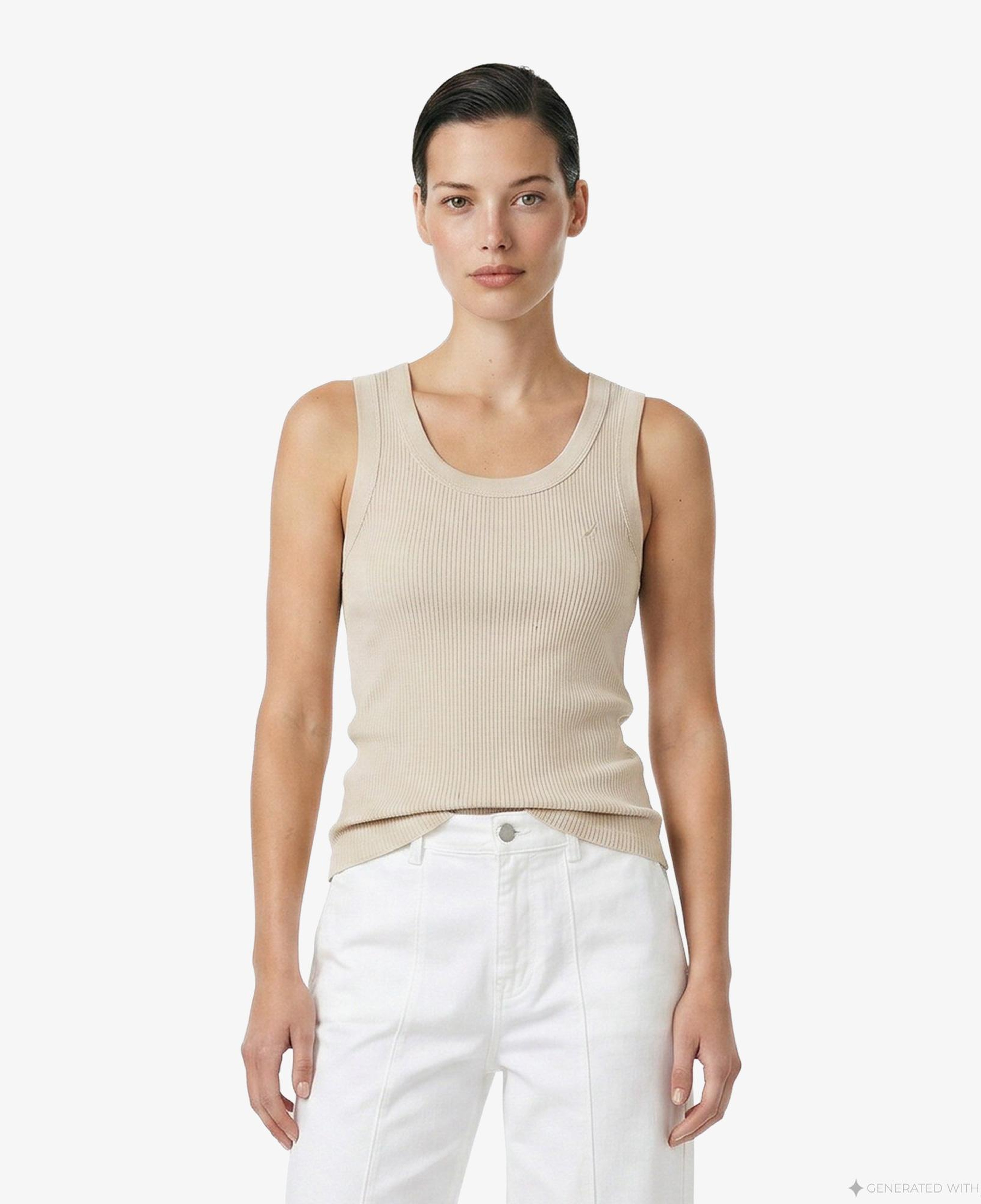 Nautica Kadın Bej Slim Fit Kolsuz T-Shirt