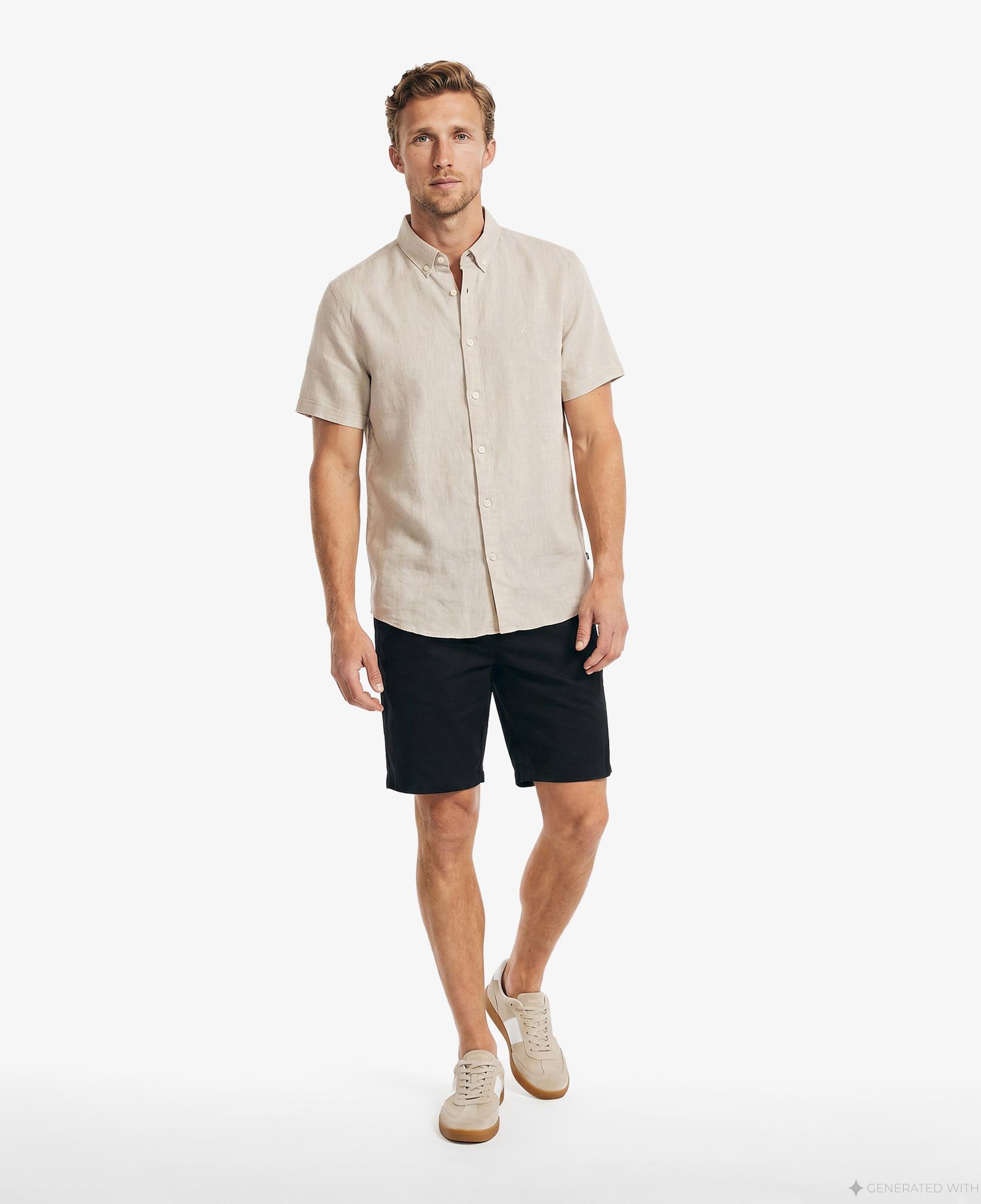 Nautica Erkek Bej Regular Fit Kısa Kollu Keten Gömlek