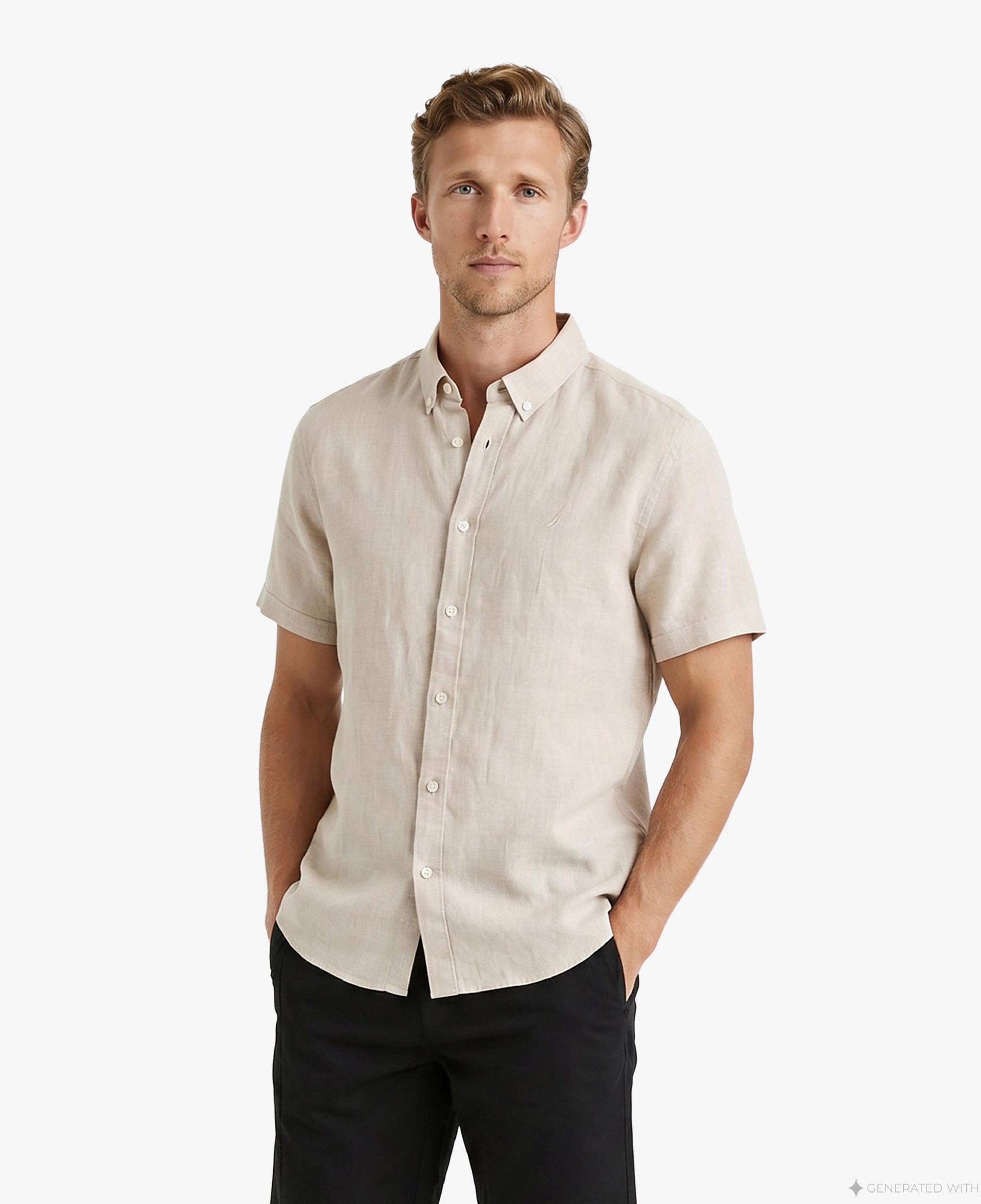 Nautica Erkek Bej Regular Fit Kısa Kollu Keten Gömlek