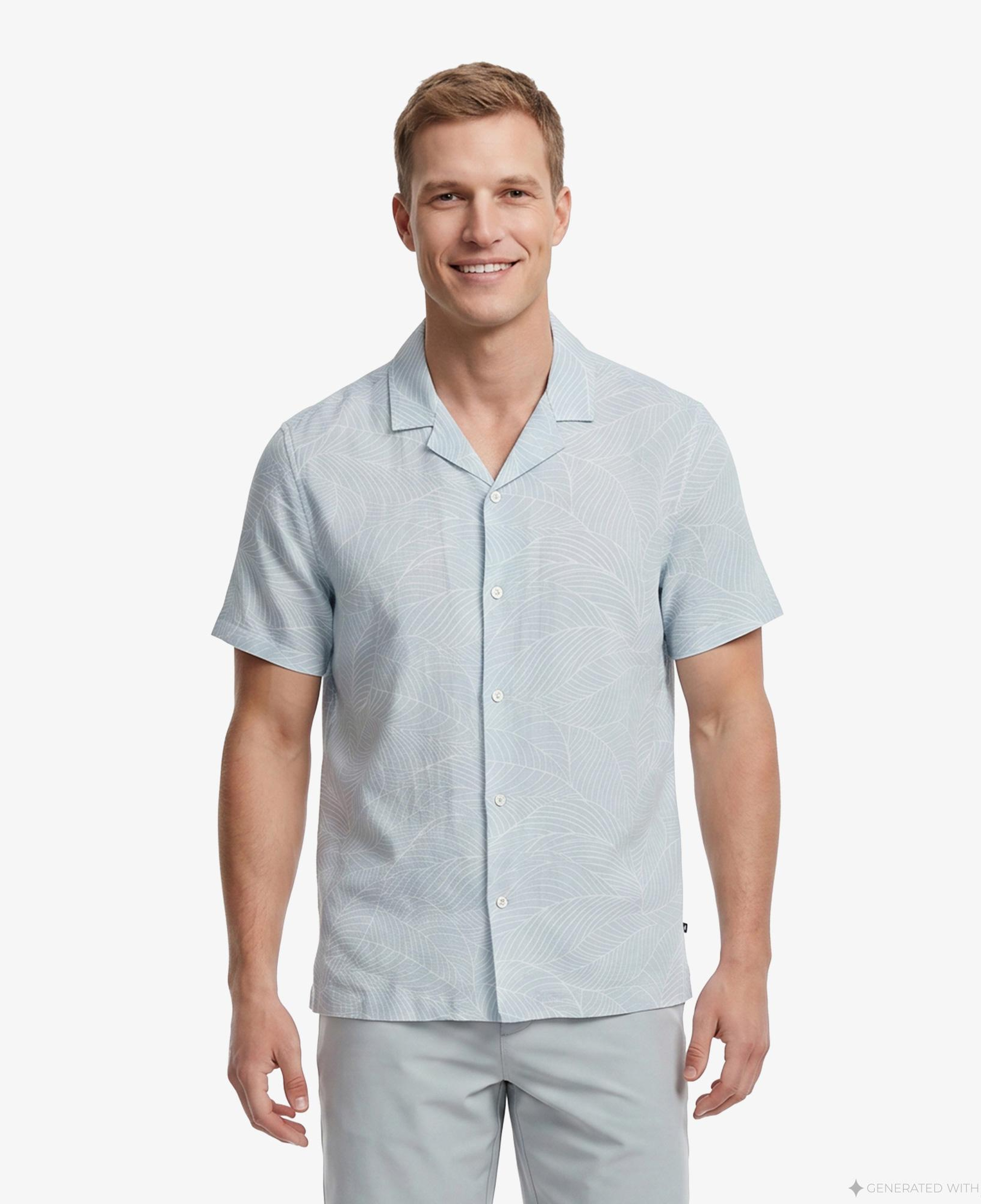 Nautica Erkek Yeşil Regular Fit Kısa Kollu Desenli Keten Gömlek