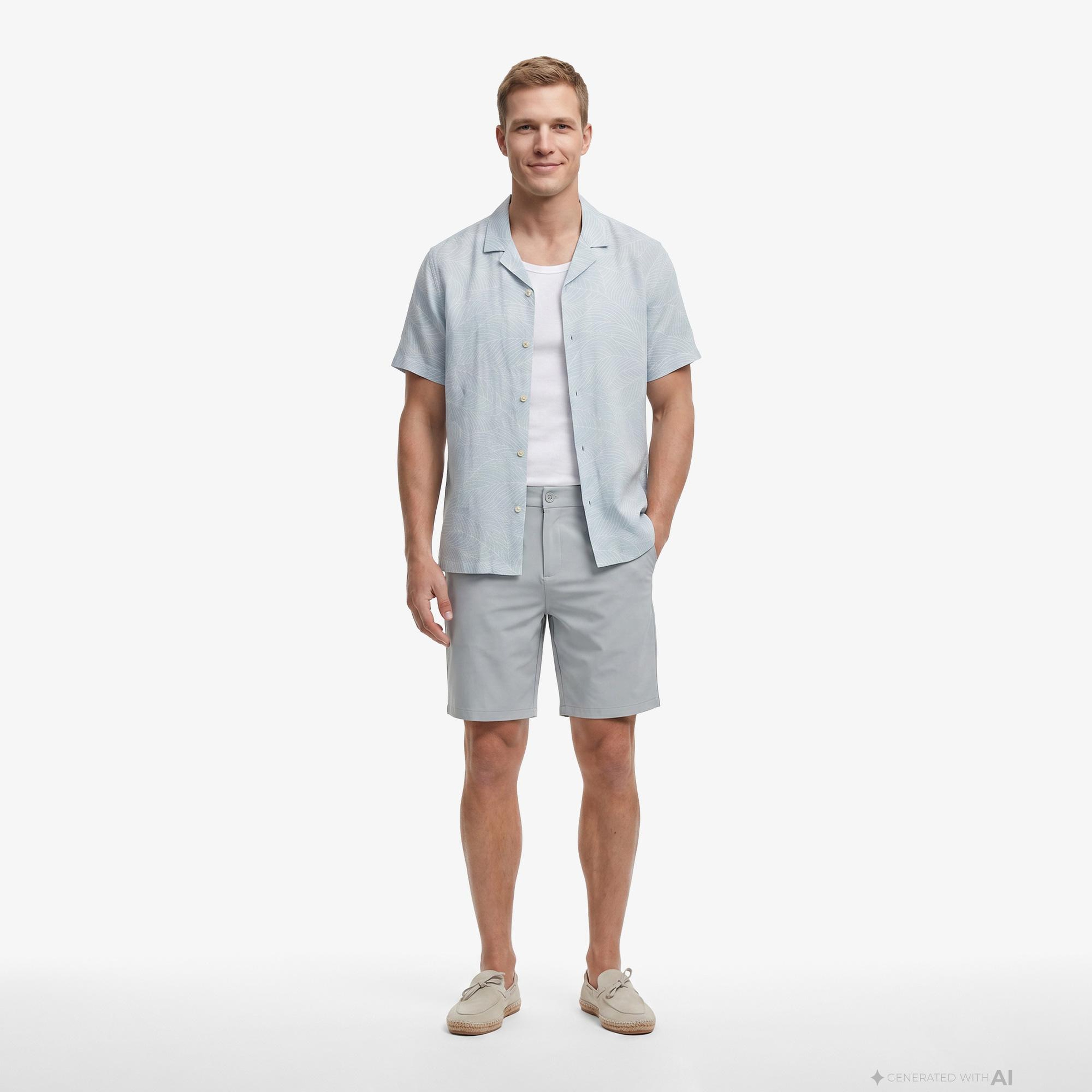 Nautica Erkek Yeşil Regular Fit Kısa Kollu Desenli Keten Gömlek