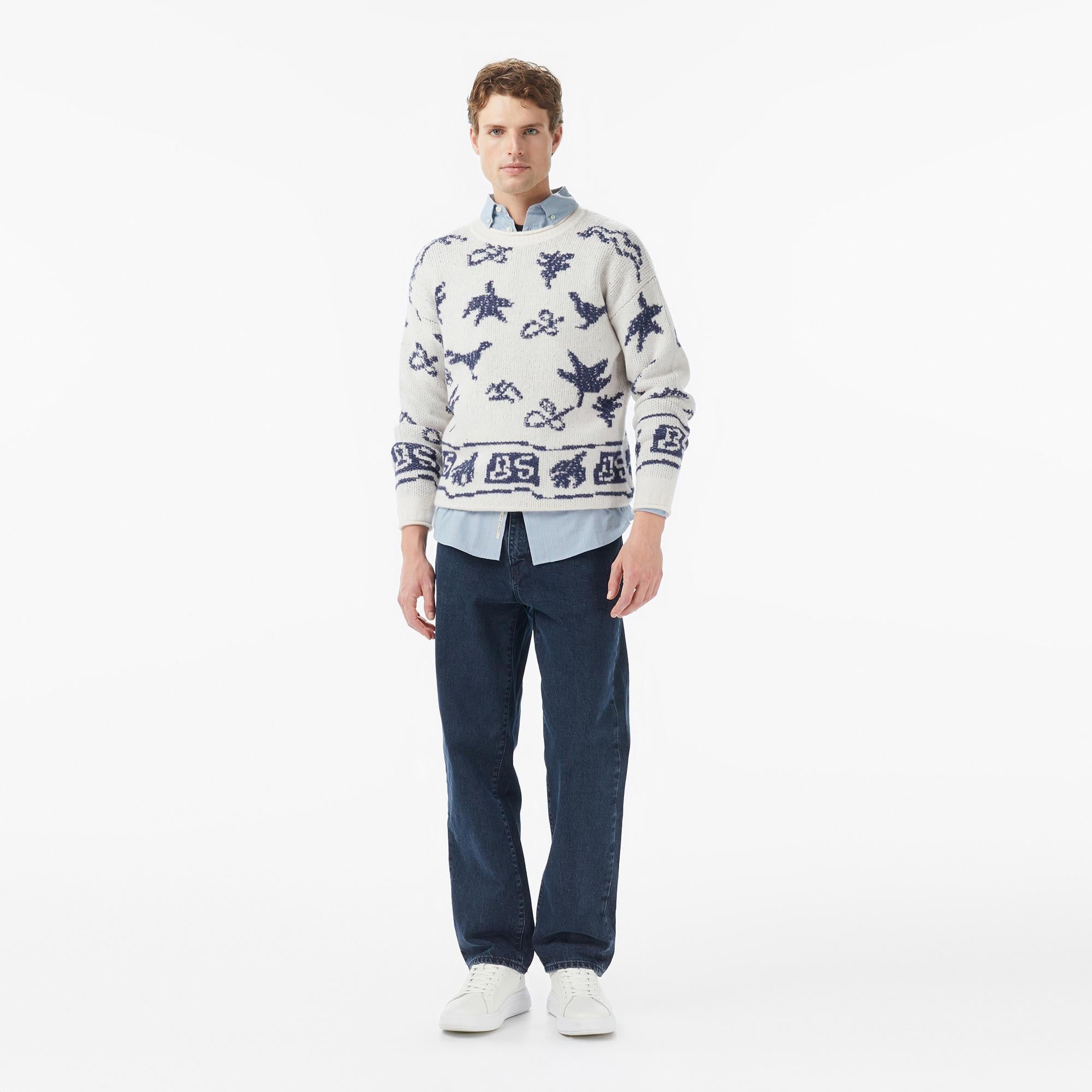 Scotch&Soda Jacquard Extra Dropped Erkek Beyaz Yün Karışımlı Triko
