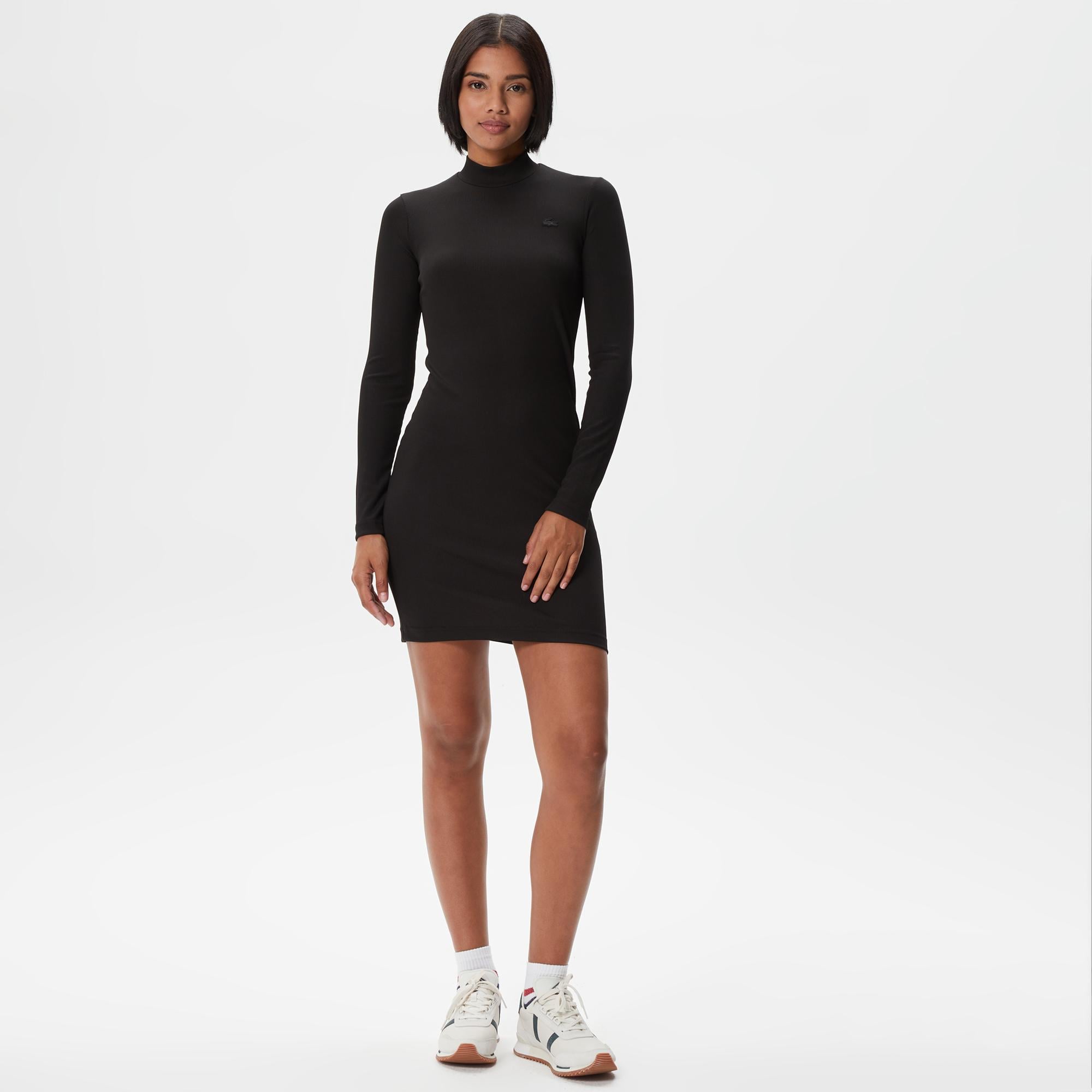 Kadın Slim Fit Uzun Kollu Dik Yaka Siyah Elbise