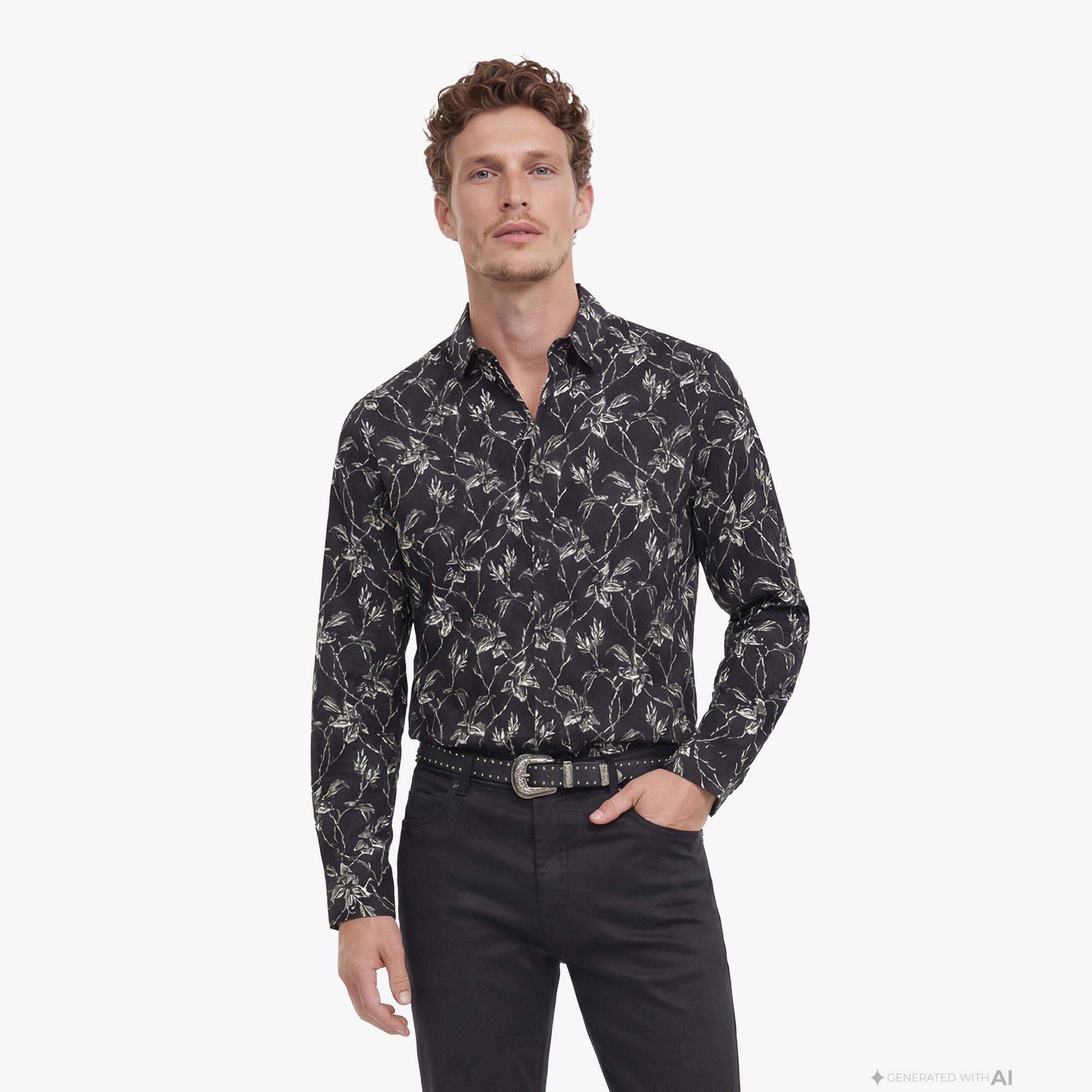 ERKEK STRAIGHT FIT BASKILI SİYAH GÖMLEK