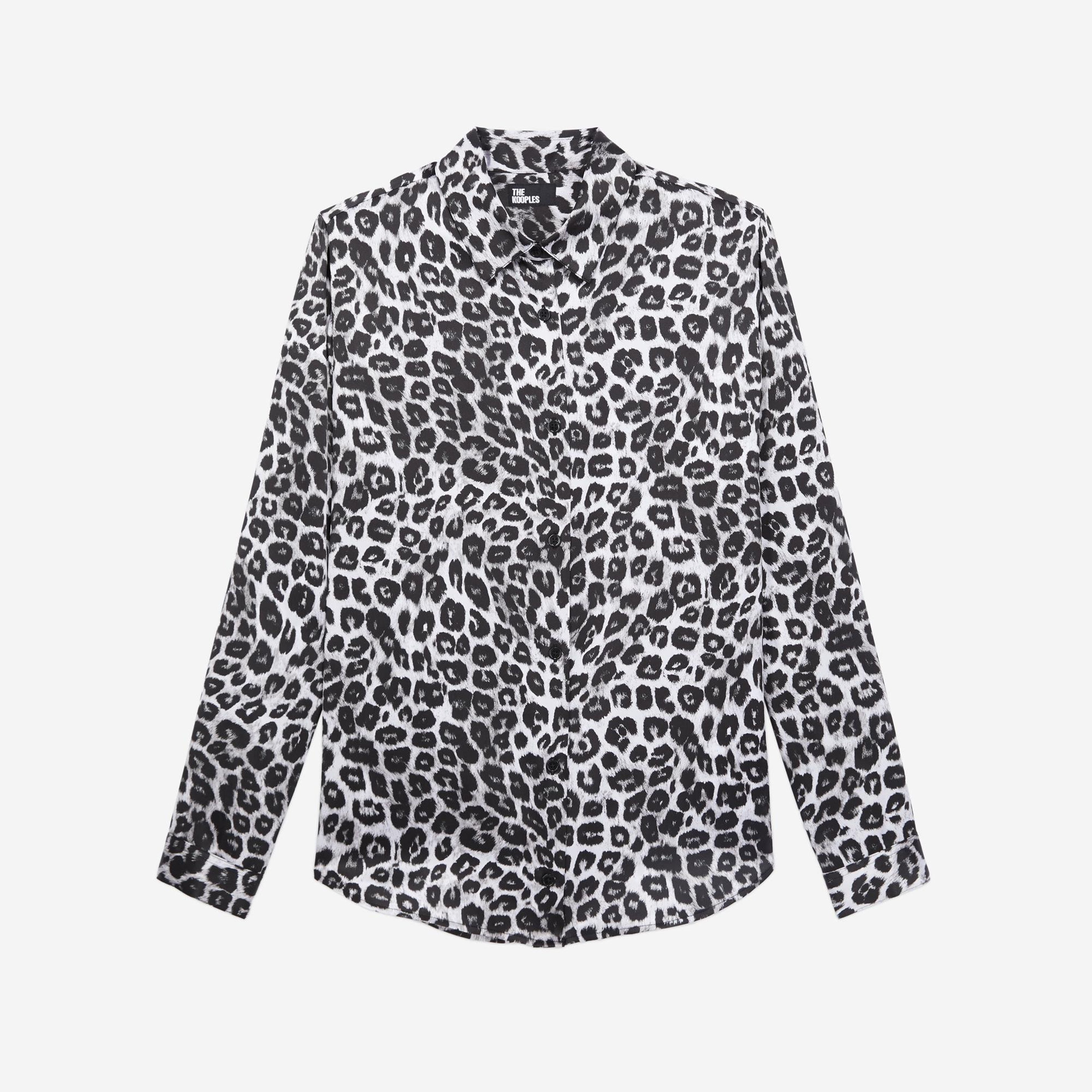 Kadın Straight Fit Leopar Desenli Siyah İpek Gömlek