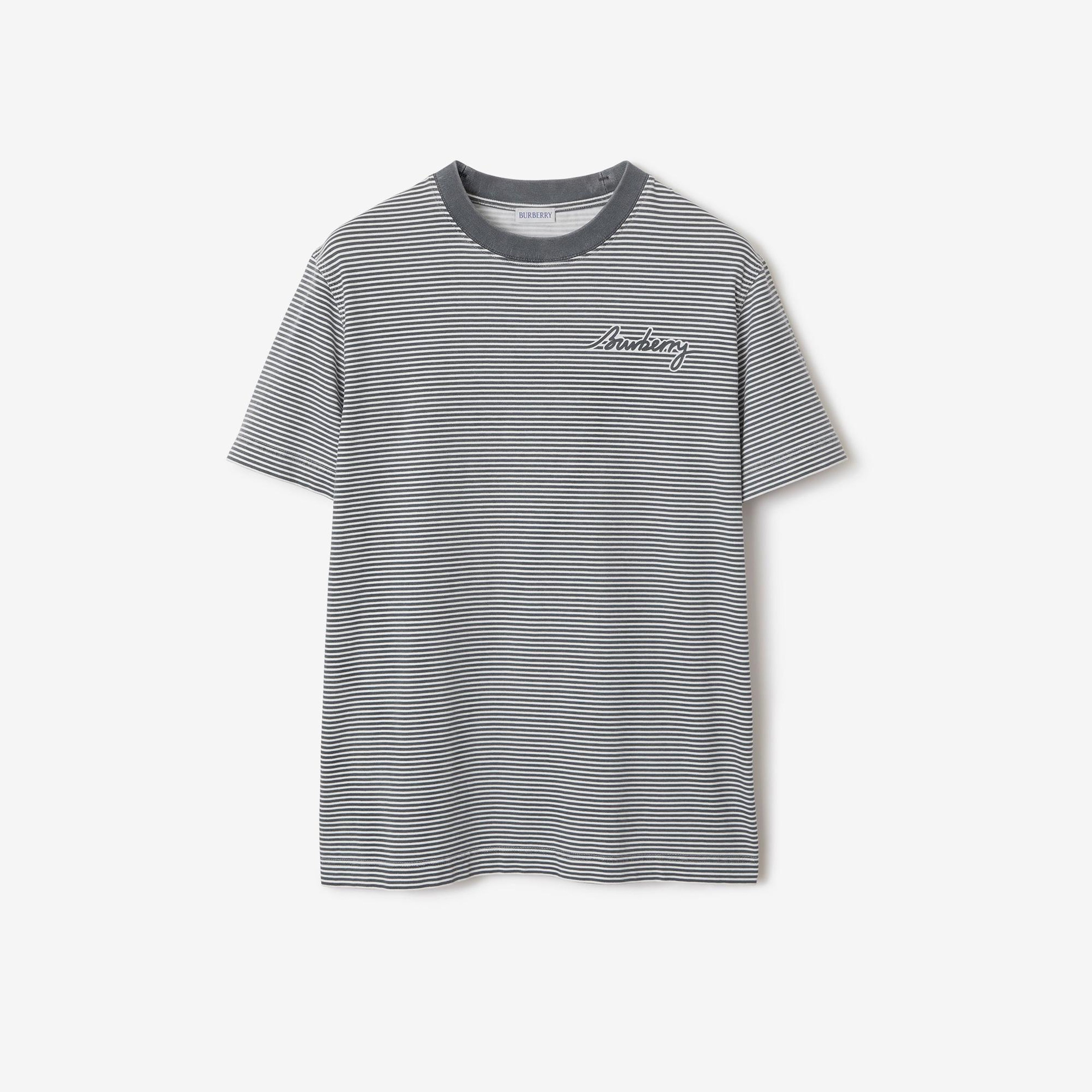 Burberry For Striped Cotton Erkek Gri T-Shirt