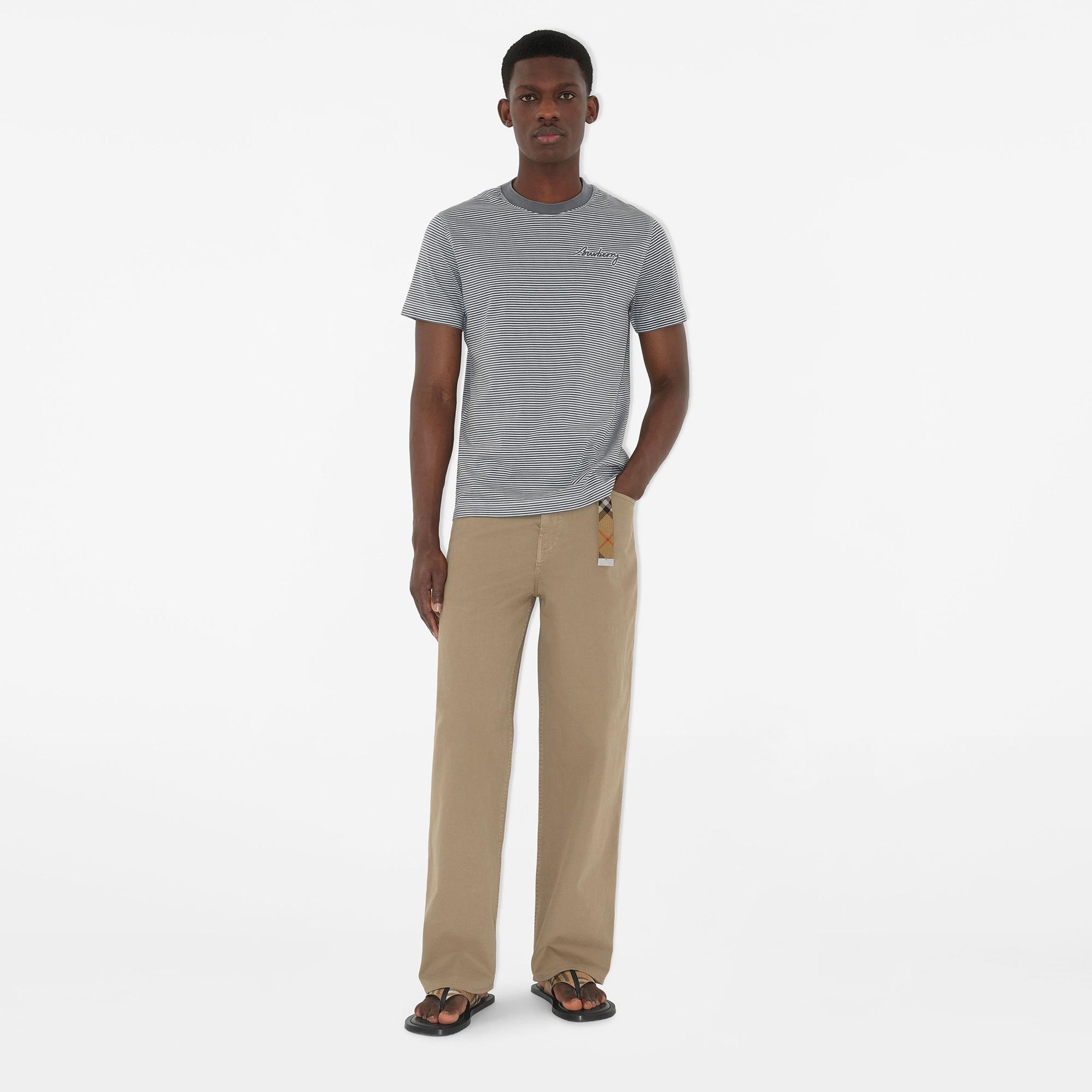 Burberry For Striped Cotton Erkek Gri T-Shirt