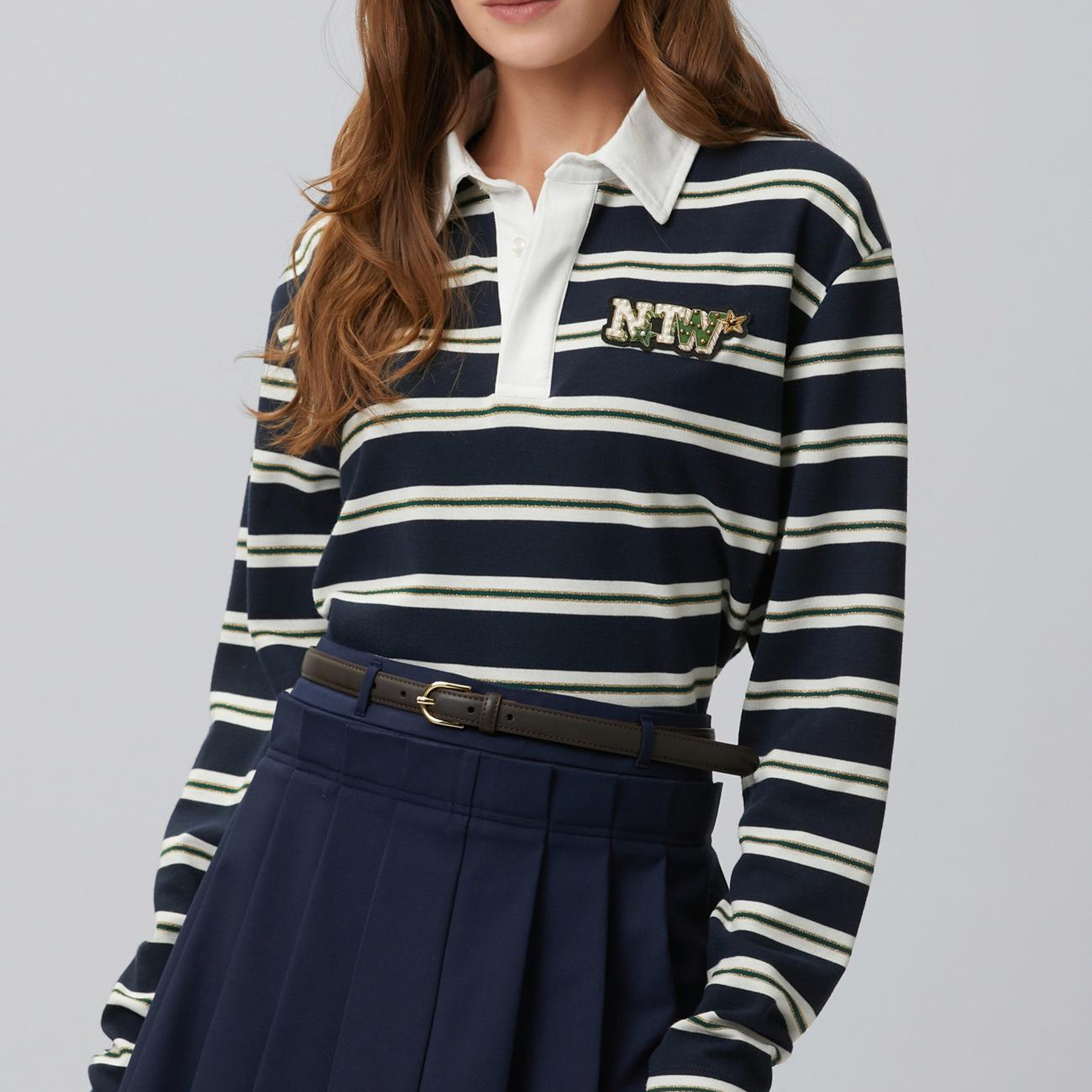 Network Kadın Lacivert Beyaz Çizgili Polo Sweatshirt