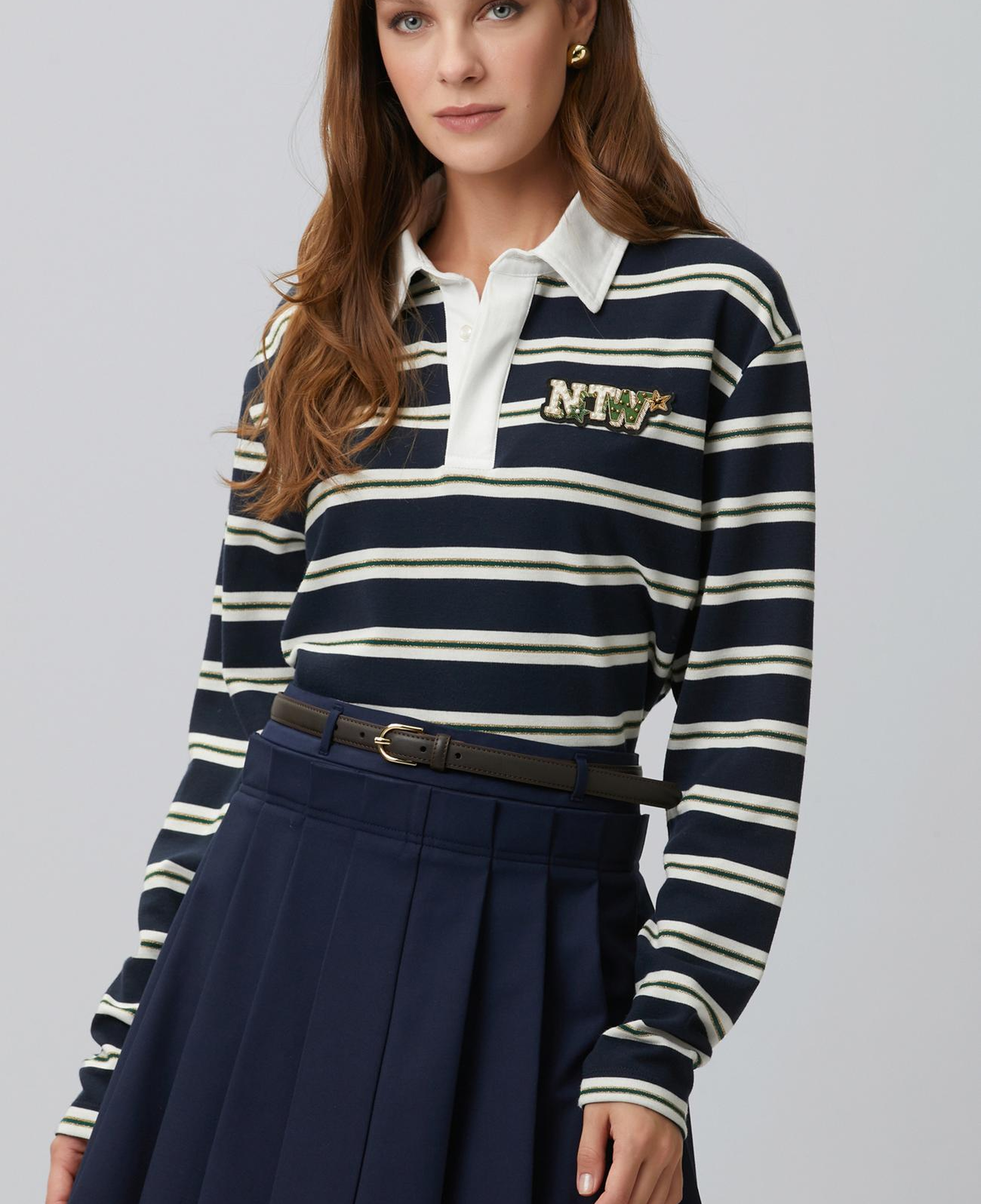 Network Kadın Lacivert Beyaz Çizgili Polo Sweatshirt