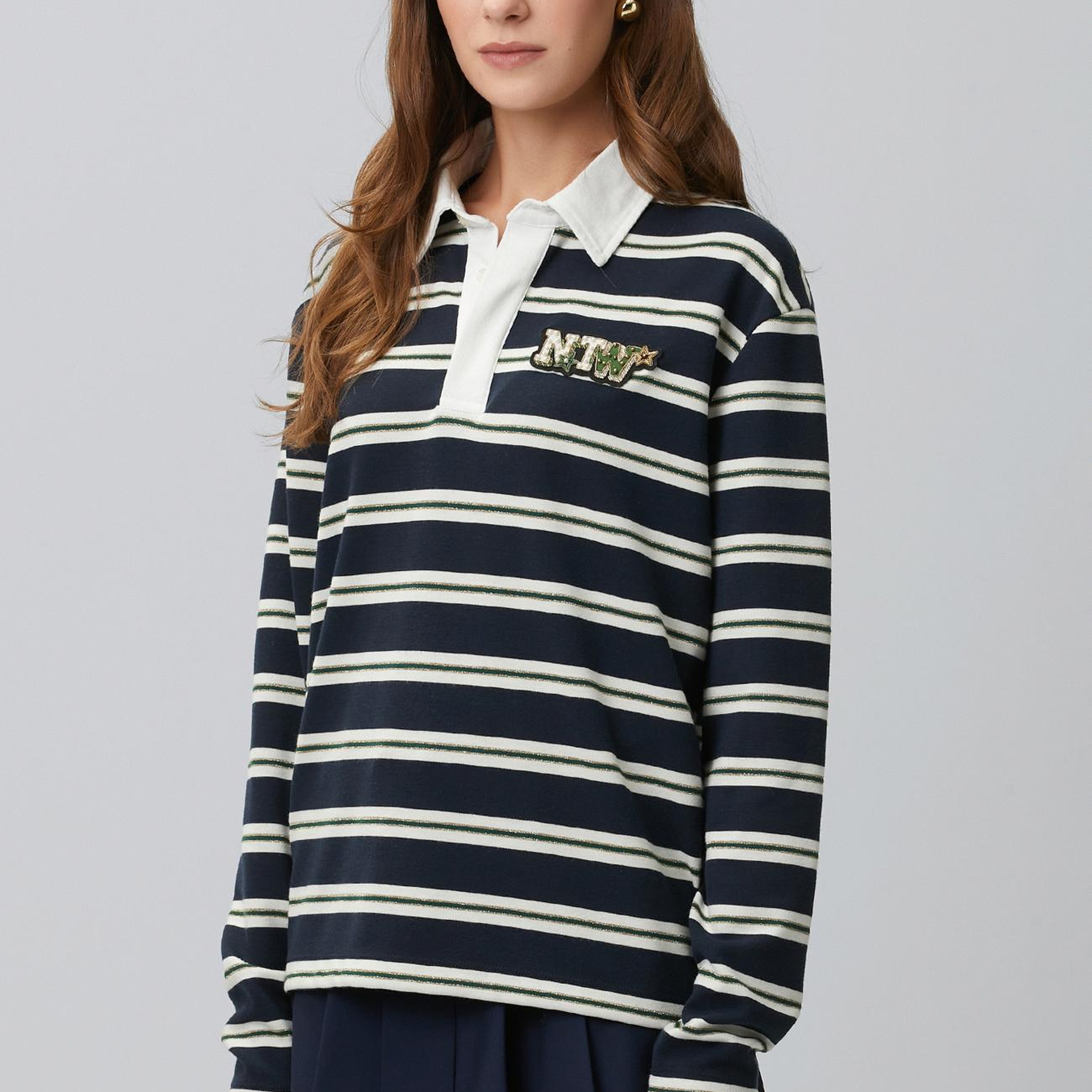 Network Kadın Lacivert Beyaz Çizgili Polo Sweatshirt