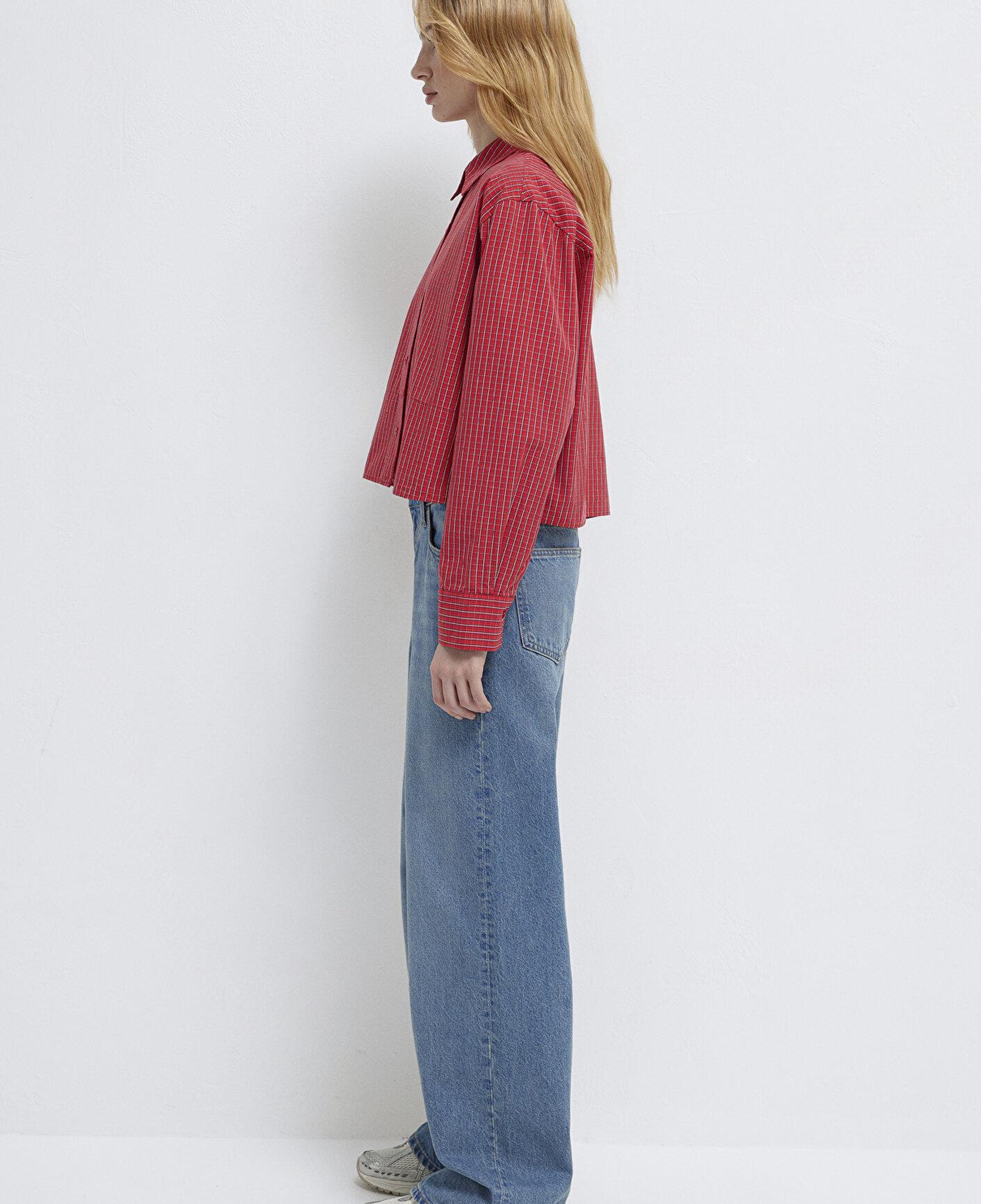 Mavi Ekose Kırmızı Crop Gömlek Loose Fit / Bol Rahat Kesim 1211401-83904