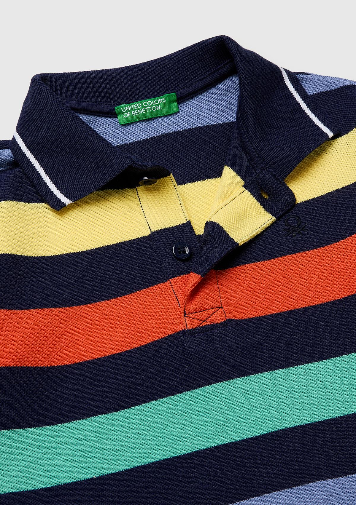 Erkek Çocuk Koyu Mix Çizgili Logo Nakışlı Polo Yaka Küçük Çocuk T-Shirt
