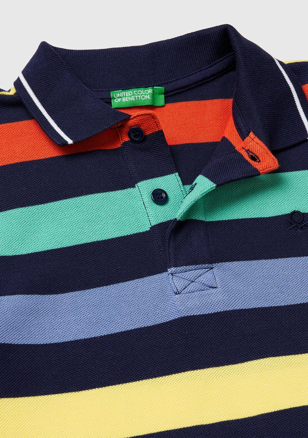 Erkek Çocuk Koyu Mix Çizgili Logo Nakışlı Polo Yaka Çocuk T-Shirt