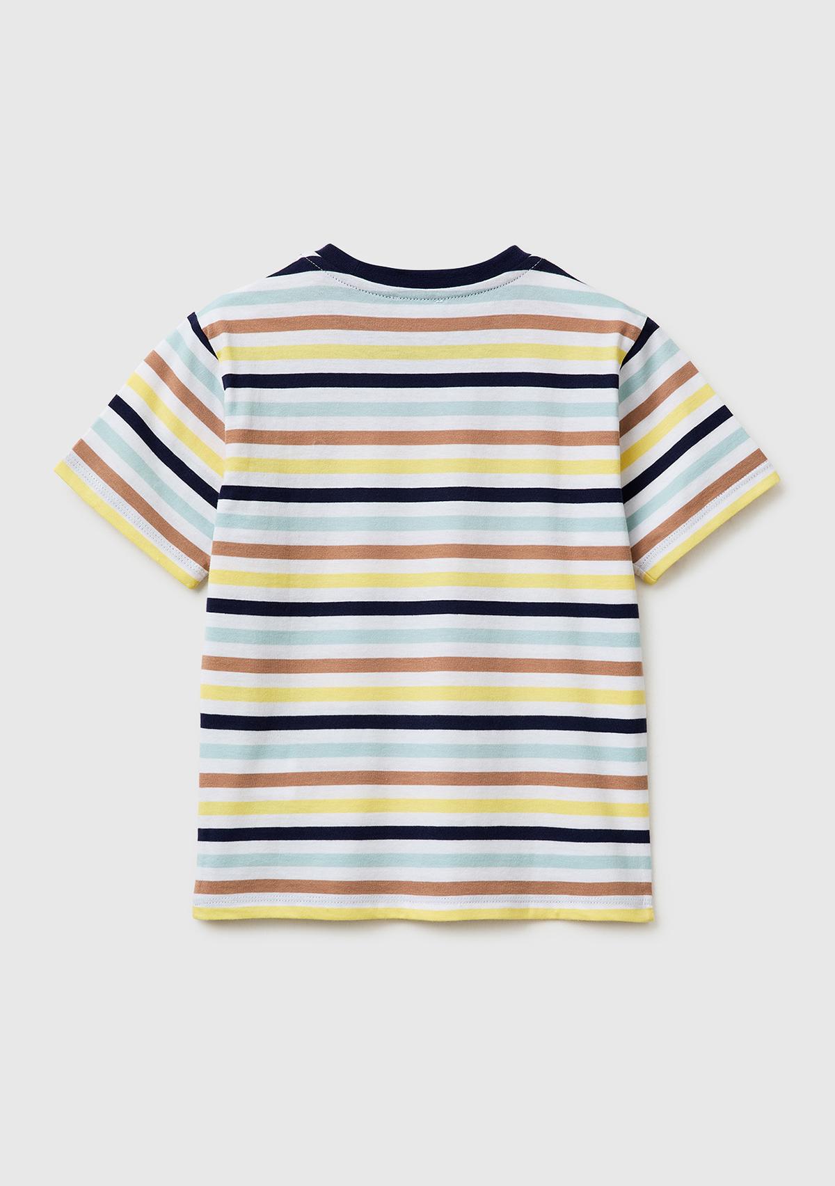 Erkek Çocuk Açık Mix İplik Boyalı Logo İşlemeli Çizgili Bisiklet Yaka T-Shirt