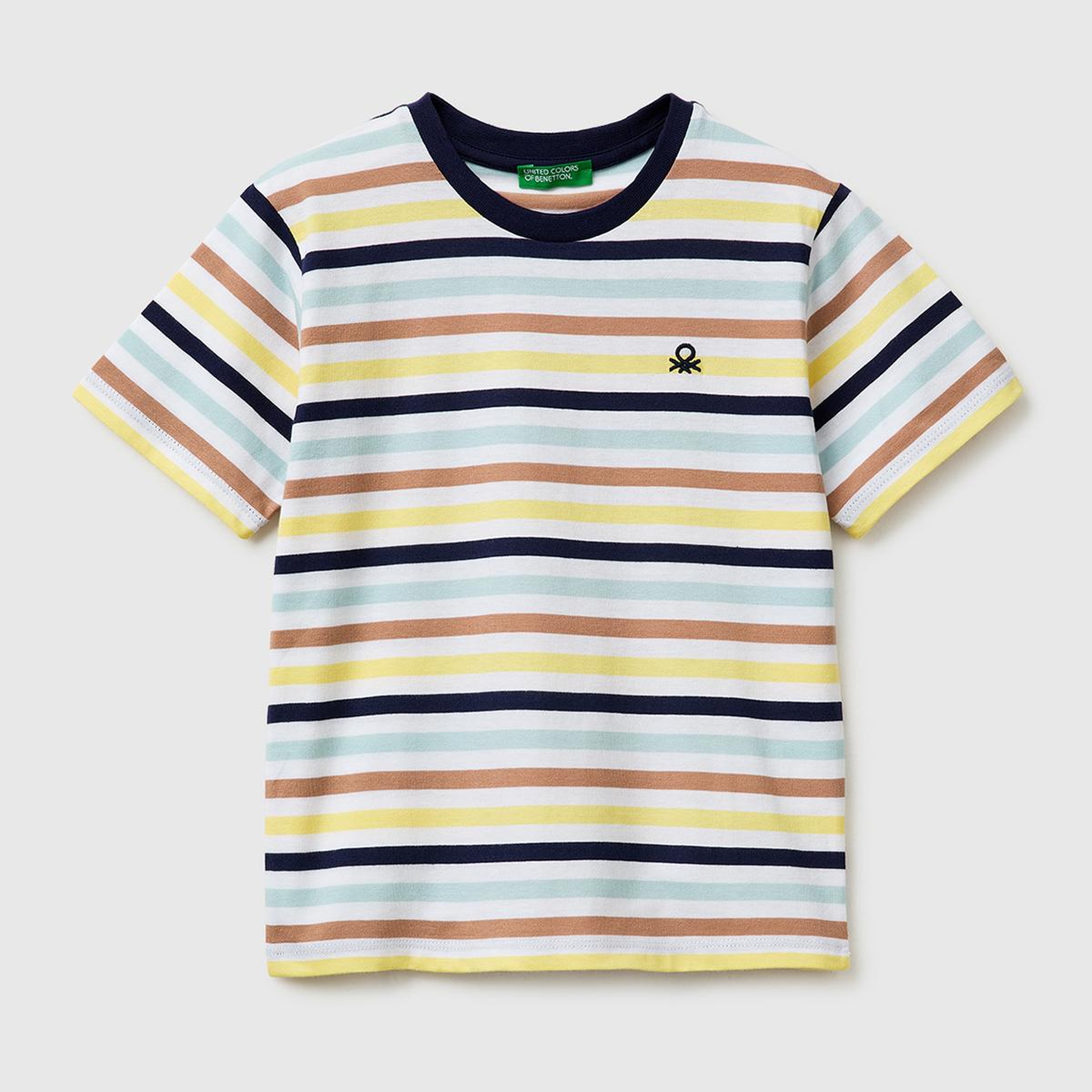 Erkek Çocuk Açık Mix İplik Boyalı Logo İşlemeli Çizgili Bisiklet Yaka T-Shirt