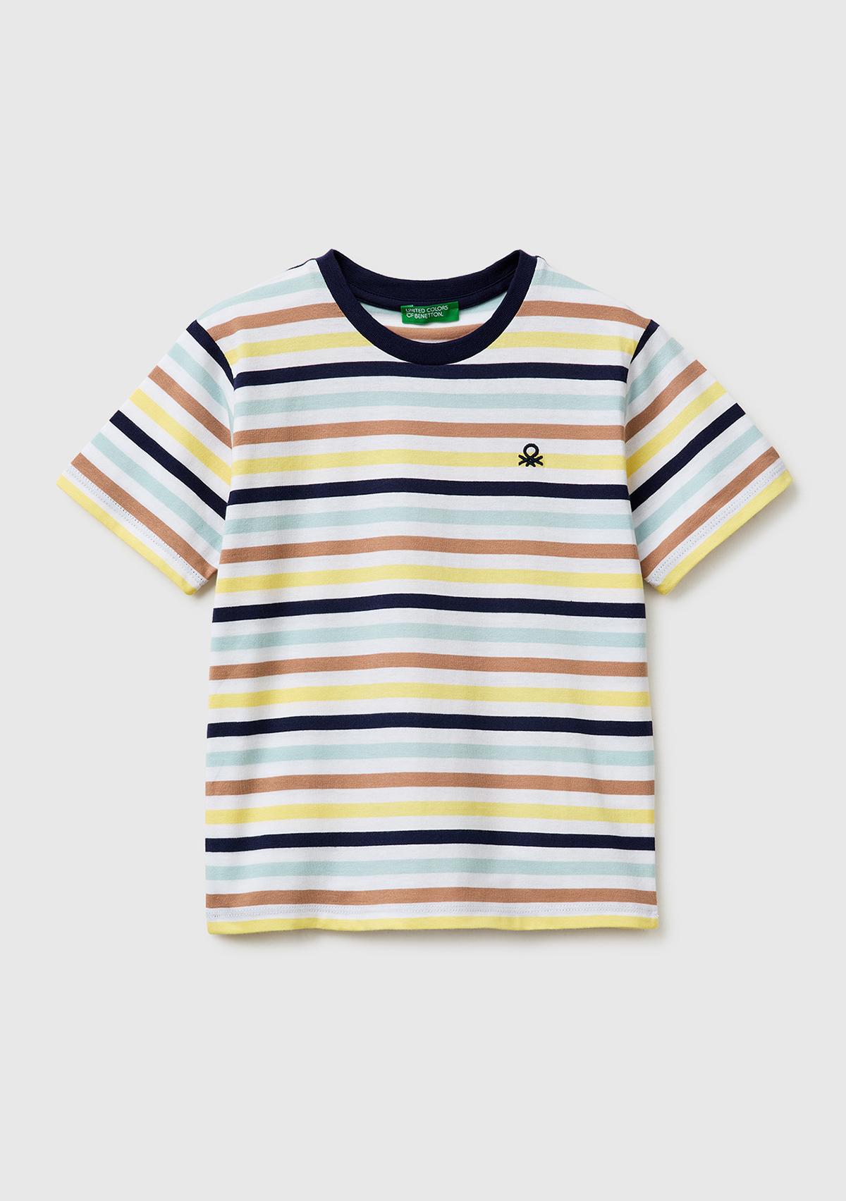 Erkek Çocuk Açık Mix İplik Boyalı Logo İşlemeli Çizgili Bisiklet Yaka T-Shirt