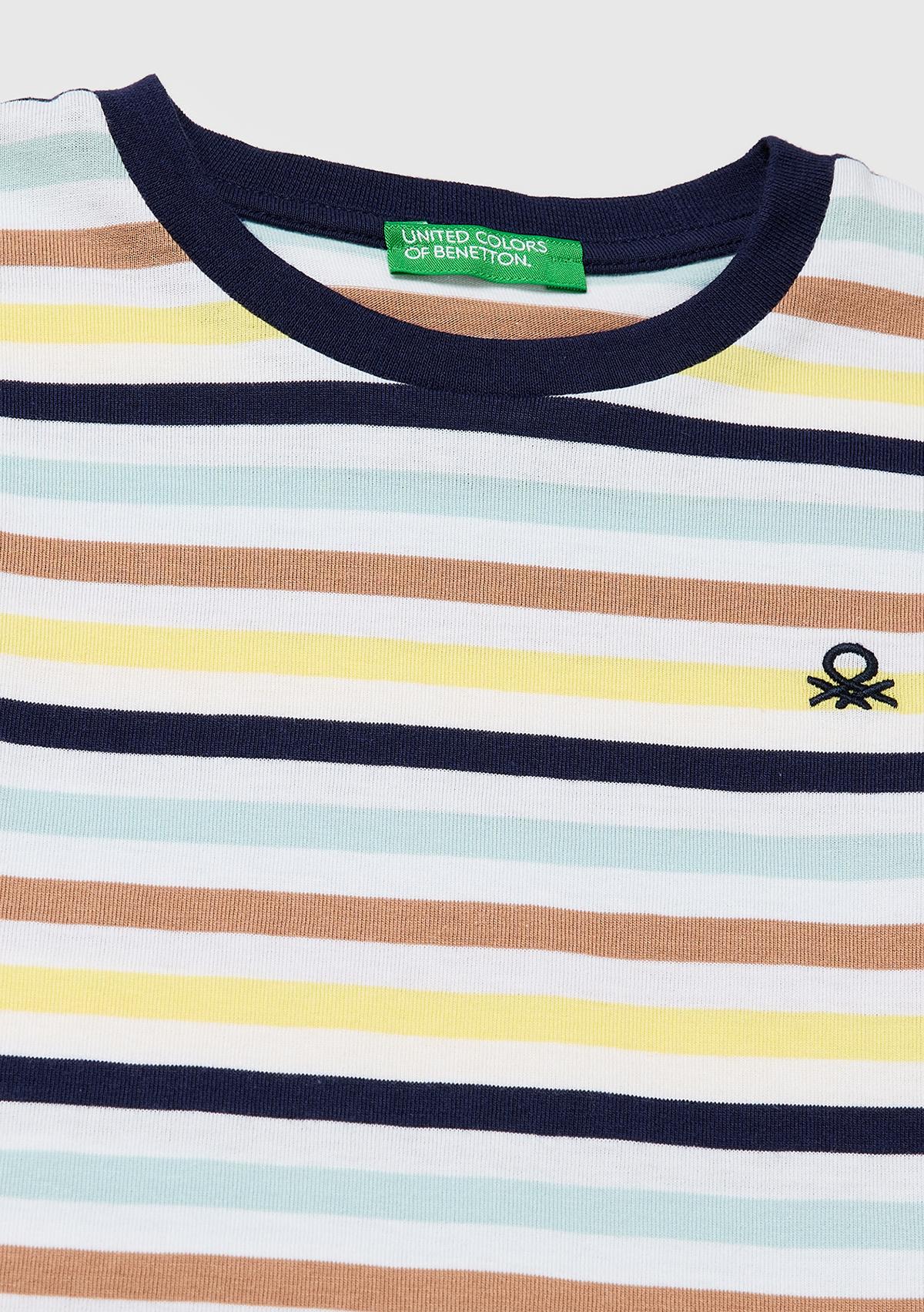 Erkek Çocuk Açık Mix İplik Boyalı Logo İşlemeli Çizgili Bisiklet Yaka T-Shirt