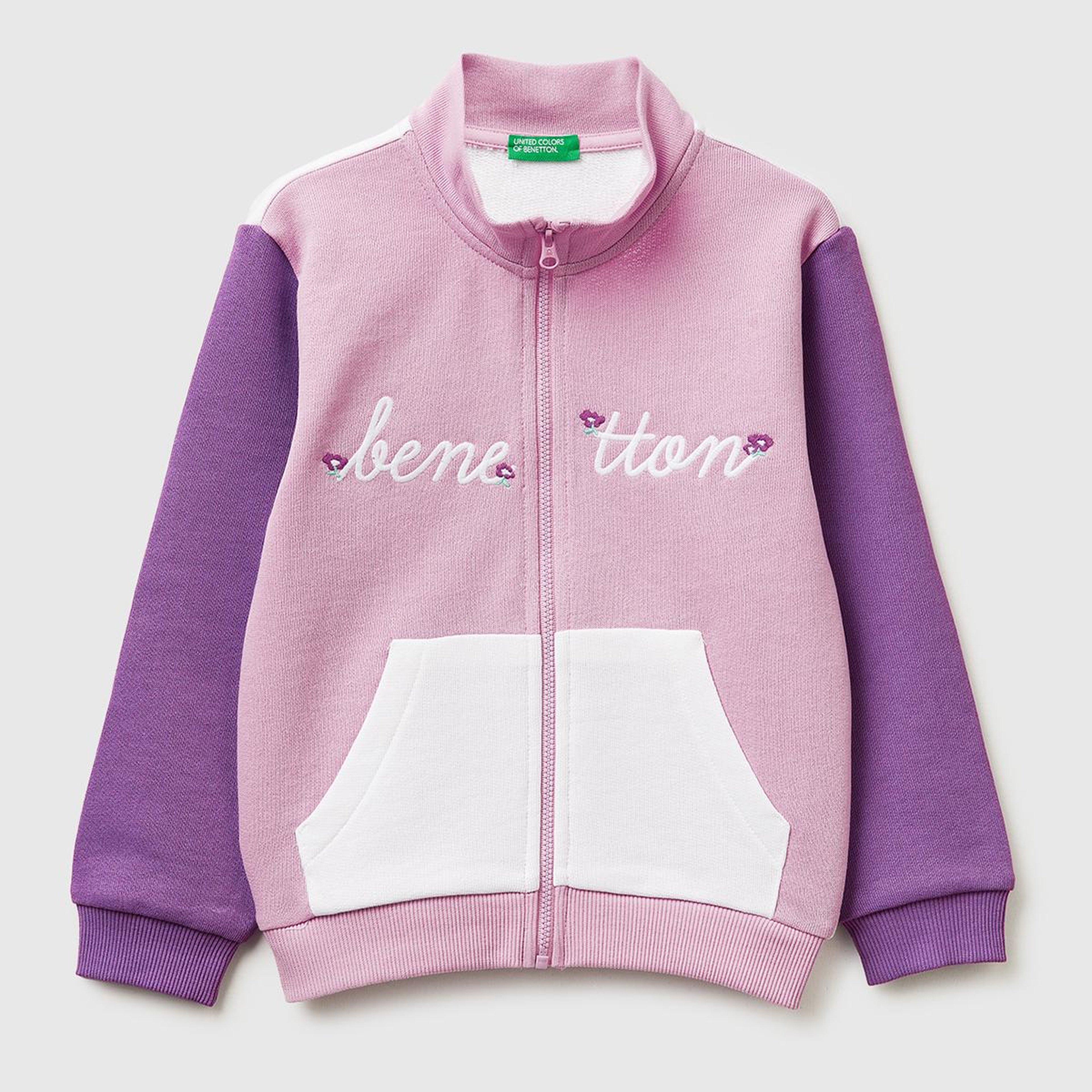 Kız Çocuk Lila-Beyaz Mix Simli Grafik Baskılı Logolu Cepli Fermuarlı Sweatshirt