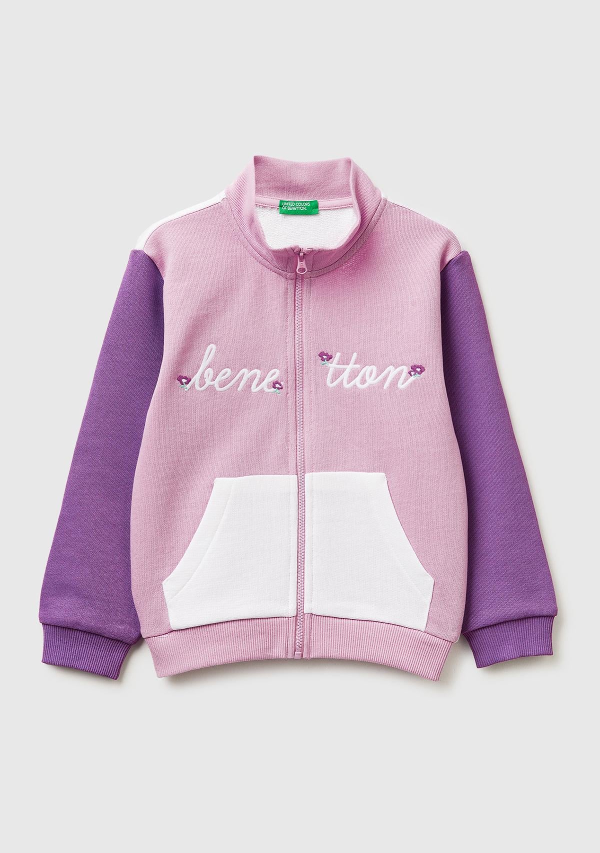 Kız Çocuk Lila-Beyaz Mix Simli Grafik Baskılı Logolu Cepli Fermuarlı Sweatshirt