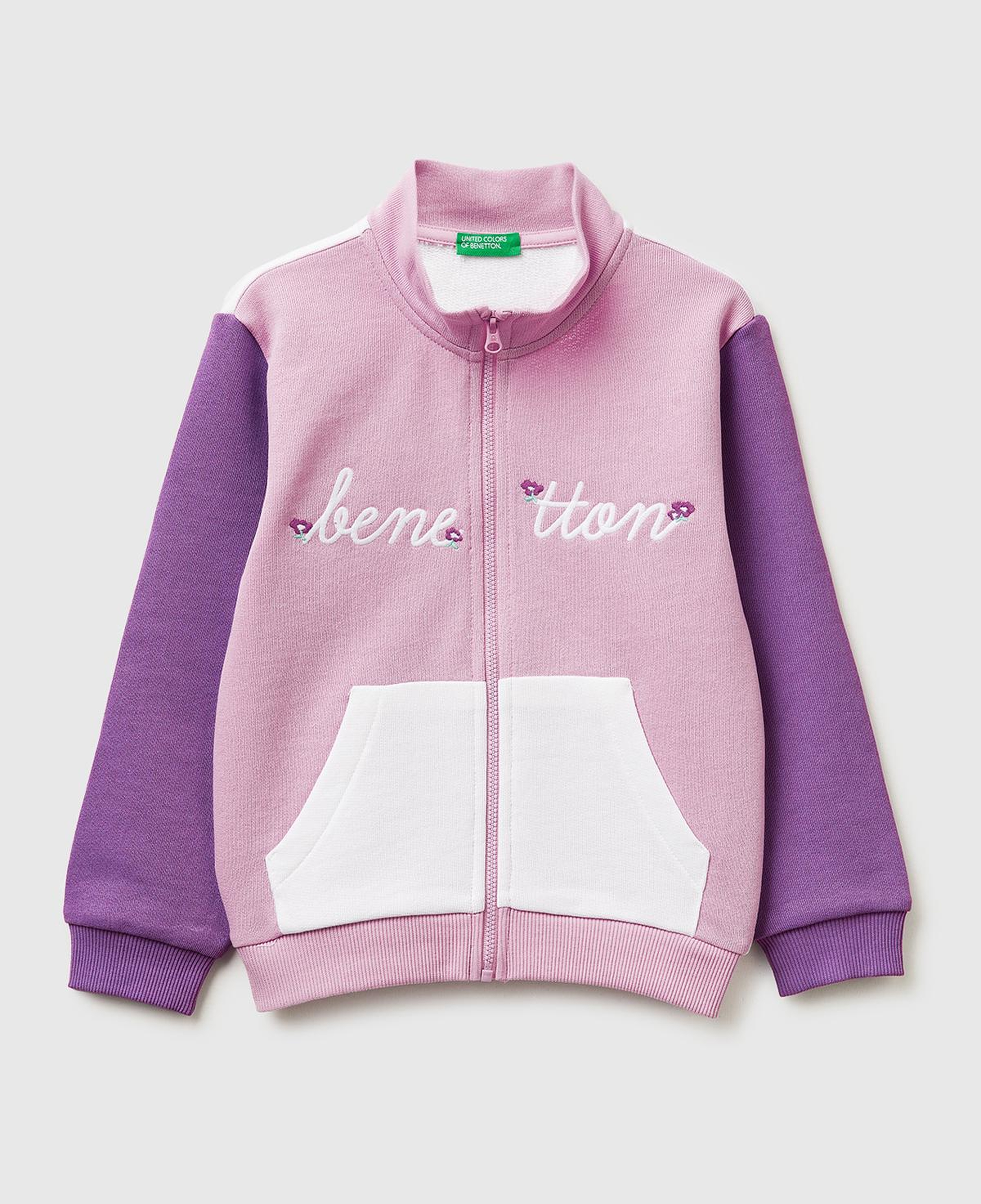 Kız Çocuk Lila-Beyaz Mix Simli Grafik Baskılı Logolu Cepli Fermuarlı Sweatshirt