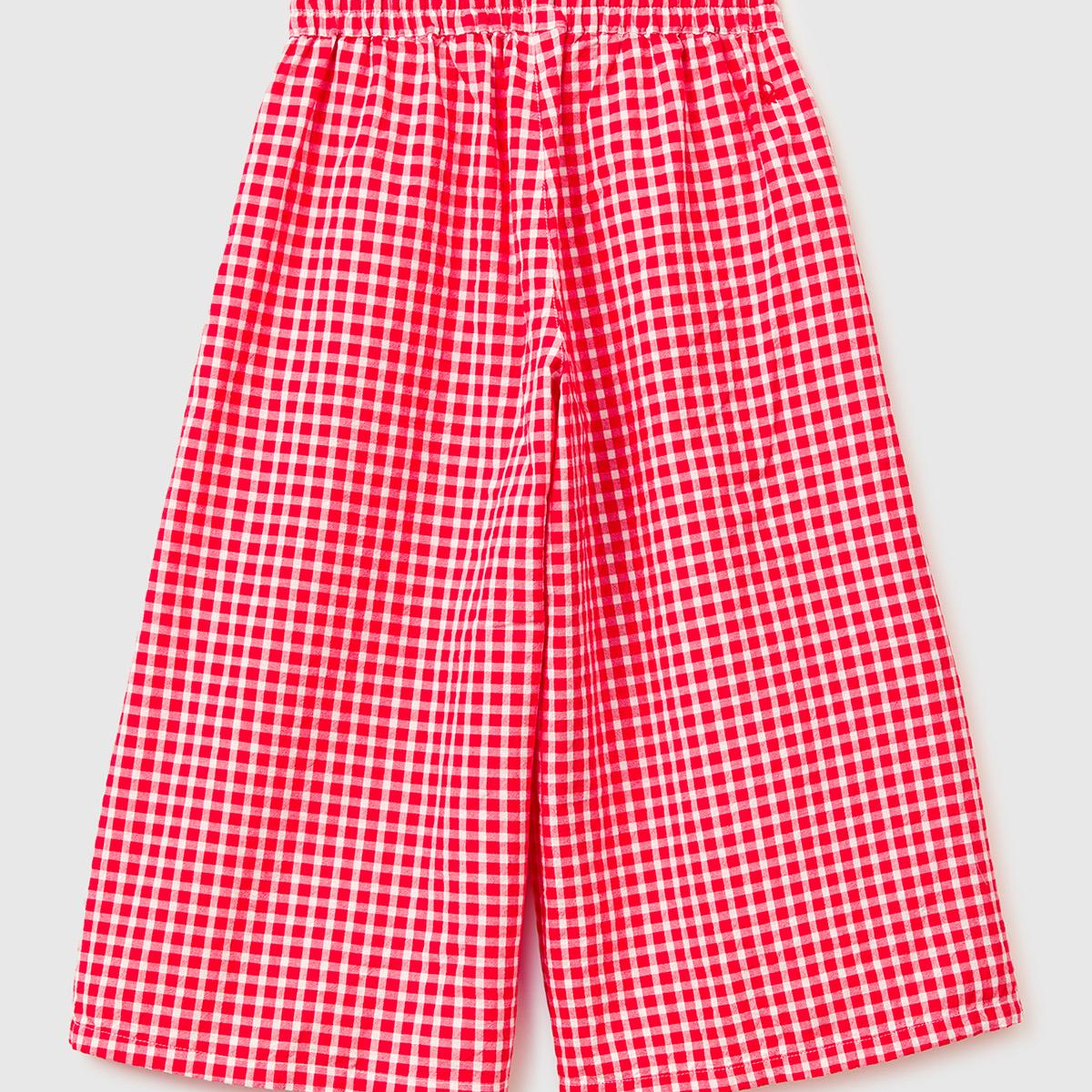 Kız Çocuk Kırmızı-Beyaz Mix Beli Lastikli Büzgü İpli Kareli Geniş Paça Pantolon