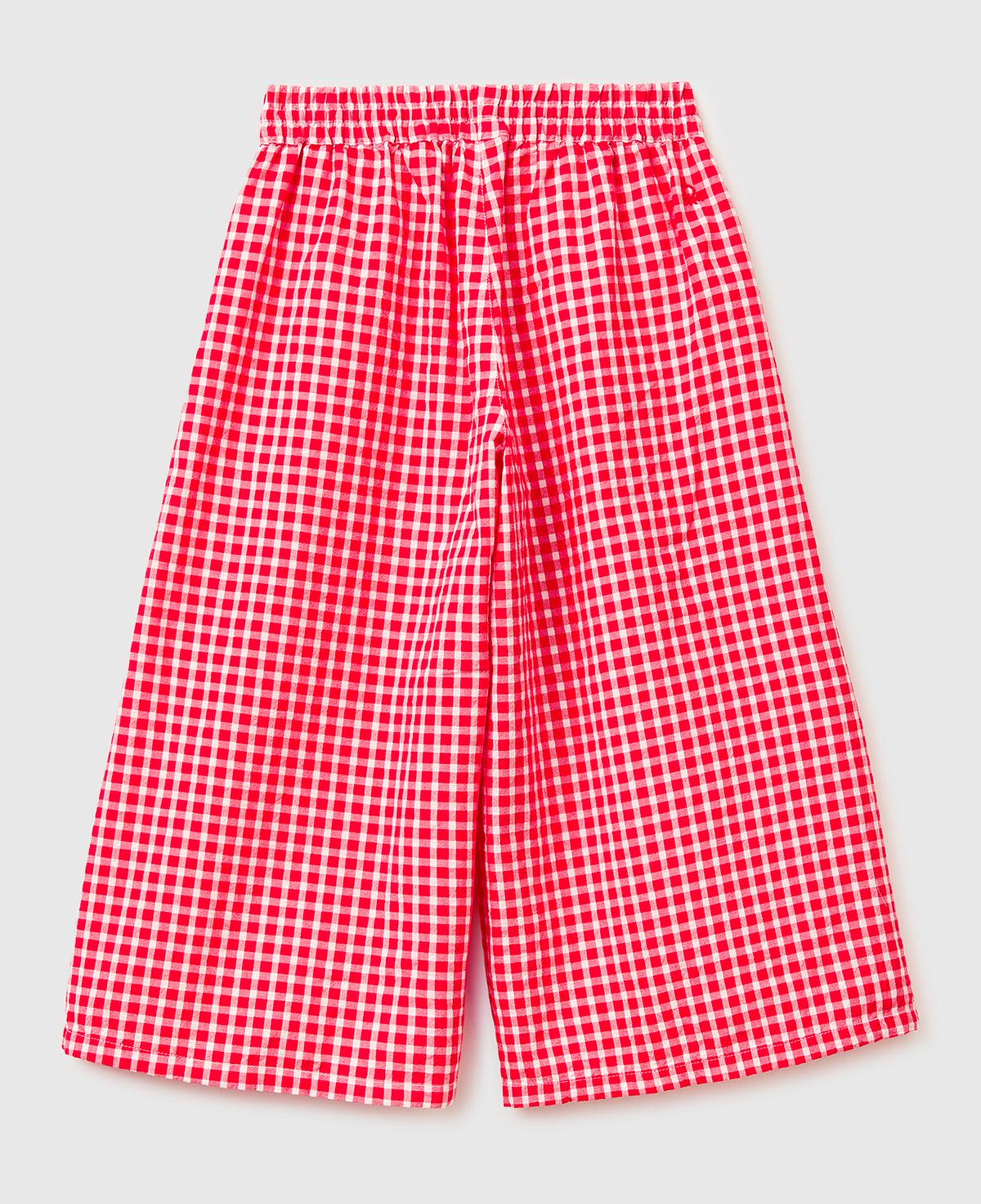 Kız Çocuk Kırmızı-Beyaz Mix Beli Lastikli Büzgü İpli Kareli Geniş Paça Pantolon