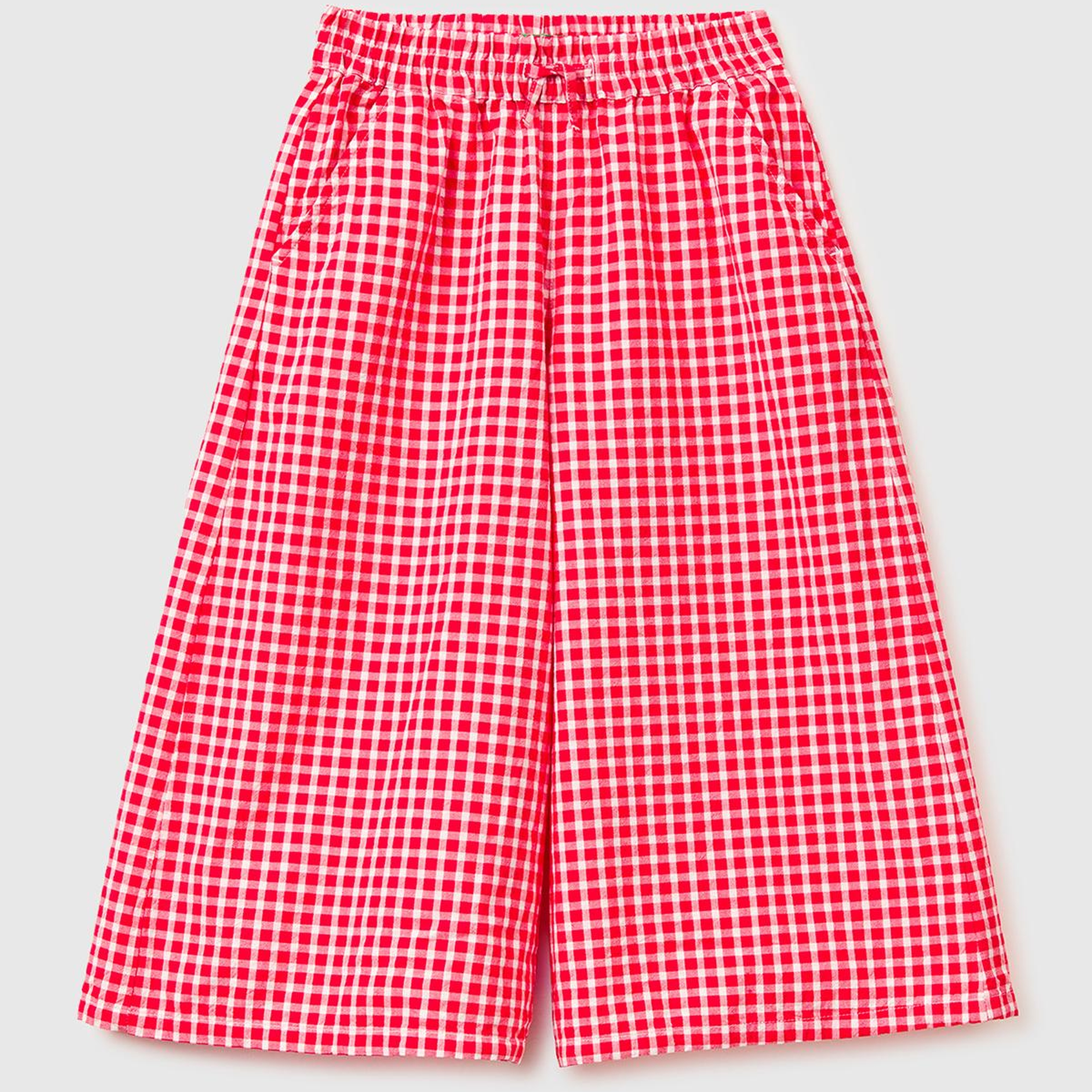 Kız Çocuk Kırmızı-Beyaz Mix Beli Lastikli Büzgü İpli Kareli Geniş Paça Pantolon