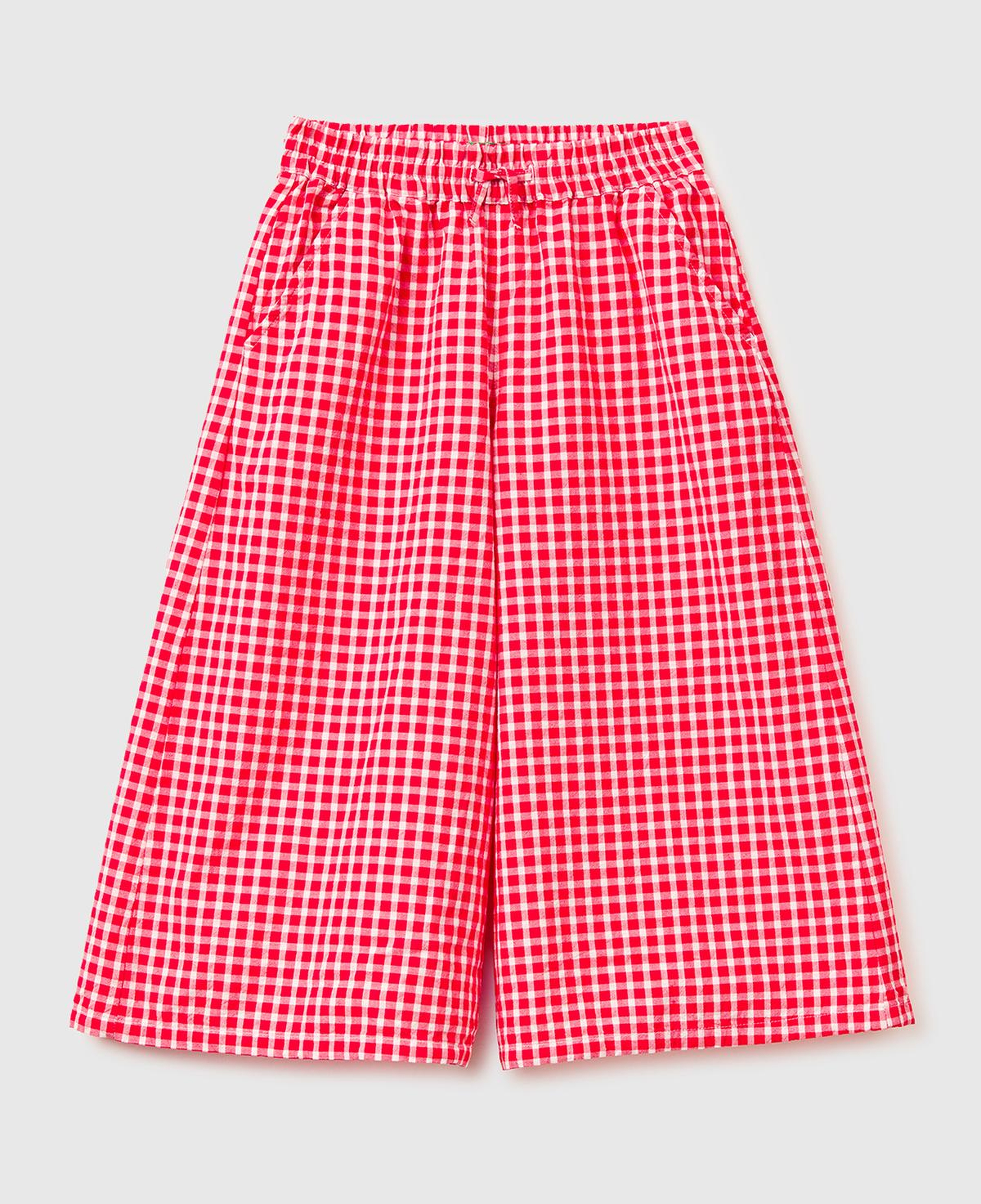 Kız Çocuk Kırmızı-Beyaz Mix Beli Lastikli Büzgü İpli Kareli Geniş Paça Pantolon