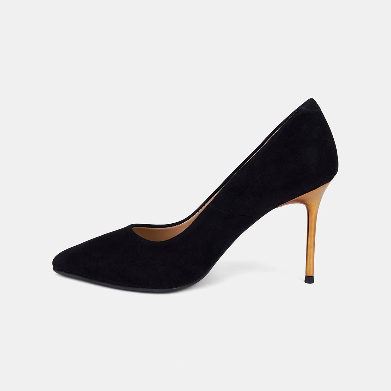 Kadın Siyah Sivri Burunlu Gold Topuk Detaylı Süet Stiletto