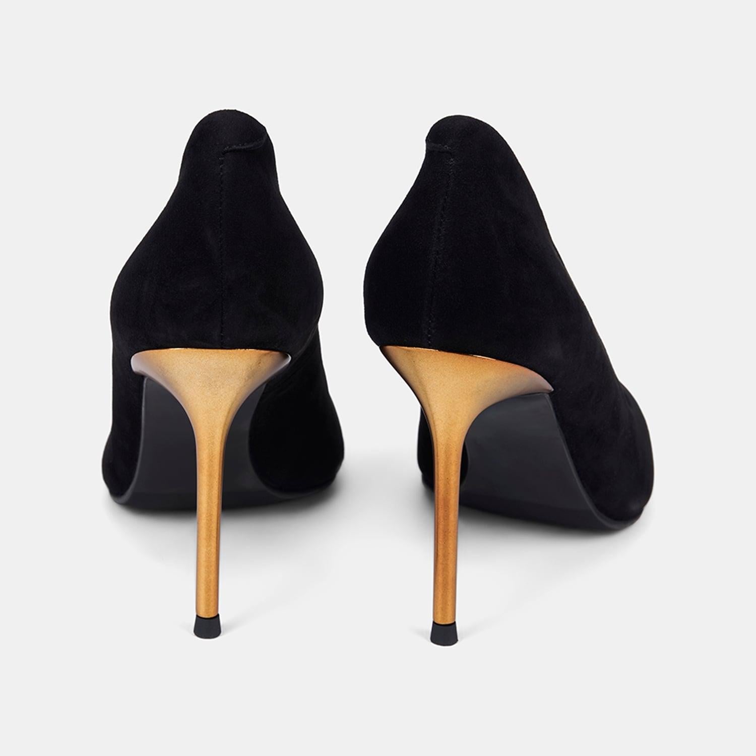 Kadın Siyah Sivri Burunlu Gold Topuk Detaylı Süet Stiletto