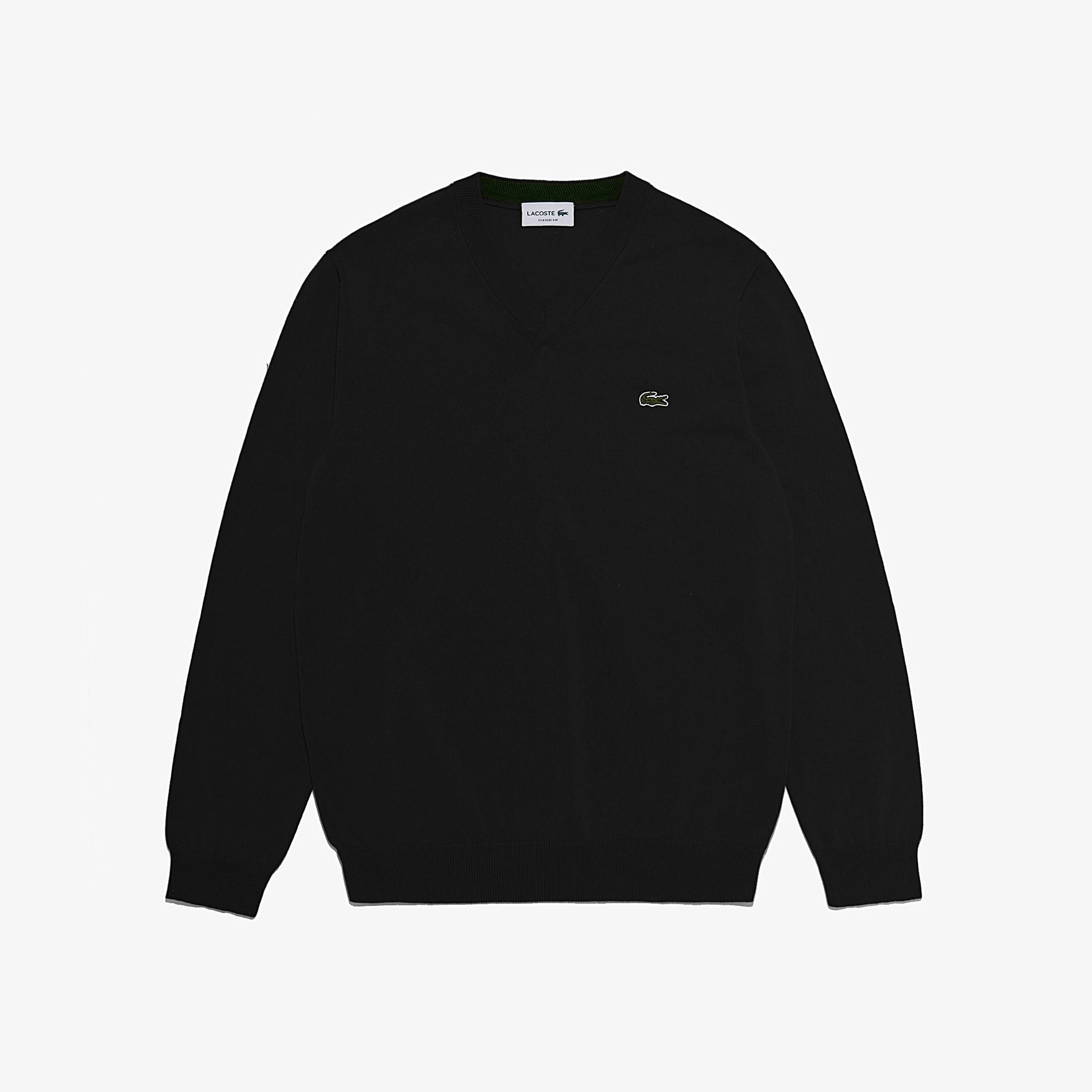 Erkek Regular Fit V Yaka Organik Pamuk Siyah Triko