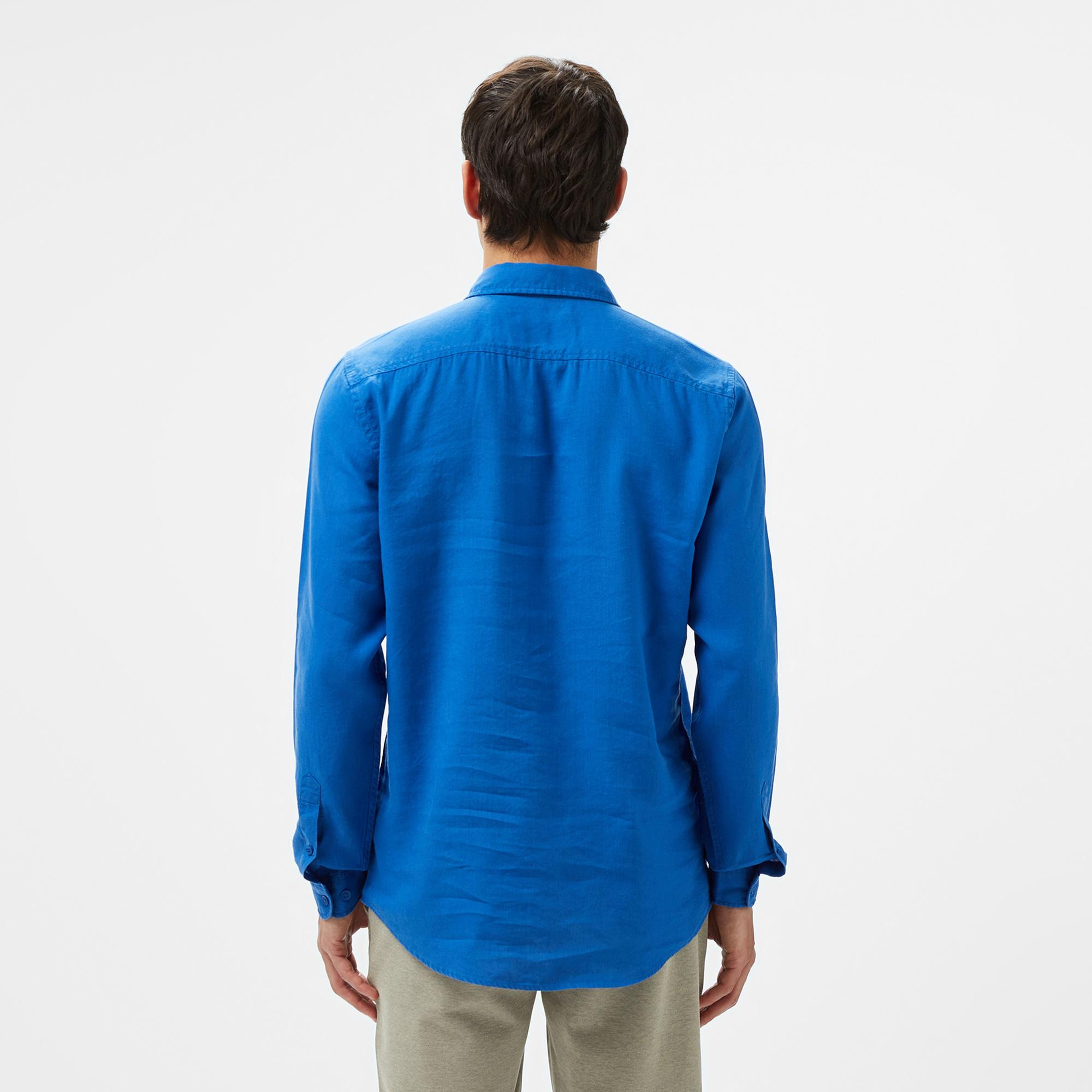 Erkek Slim Fit Keten Mavi Gömlek