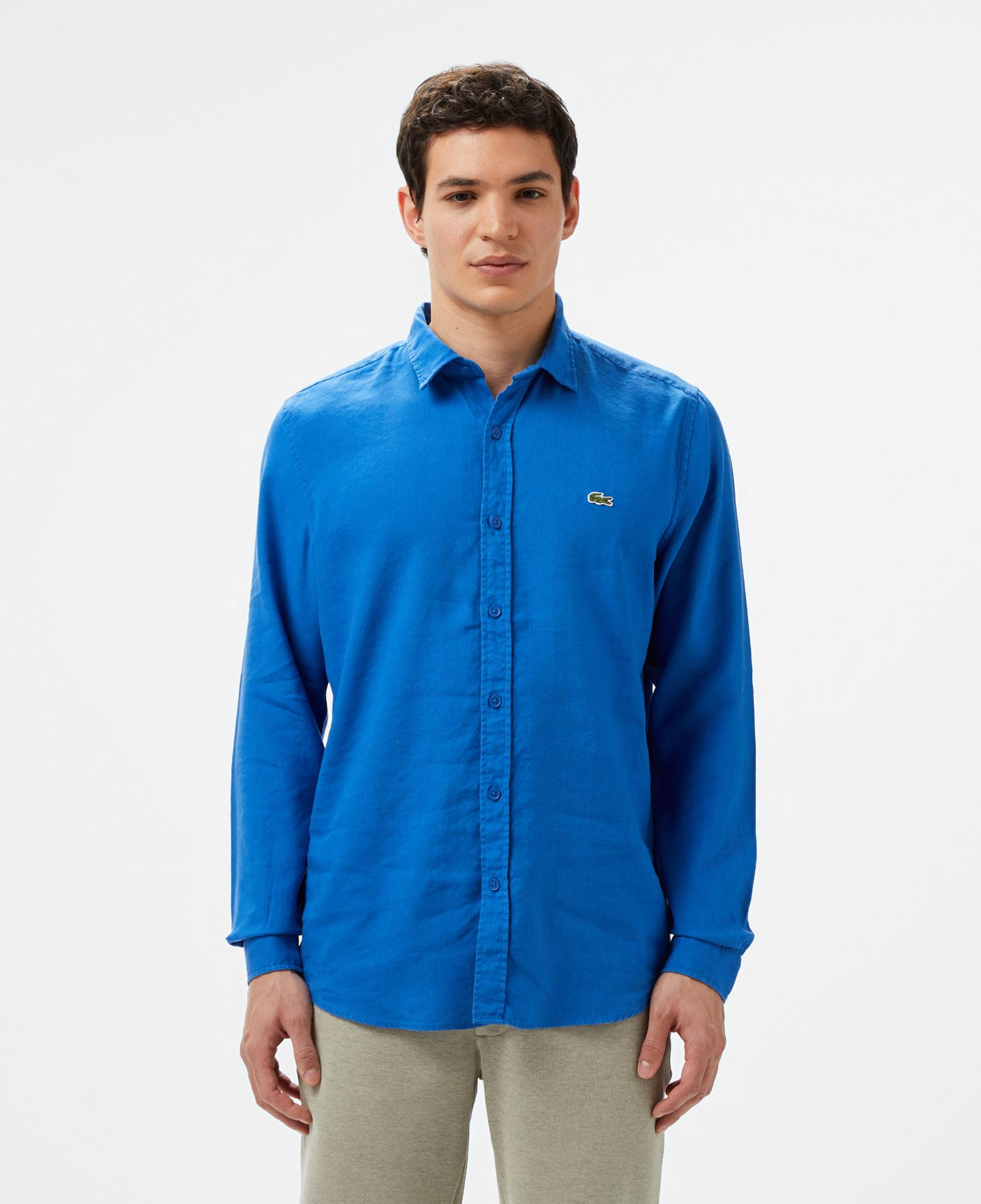 Erkek Slim Fit Keten Mavi Gömlek