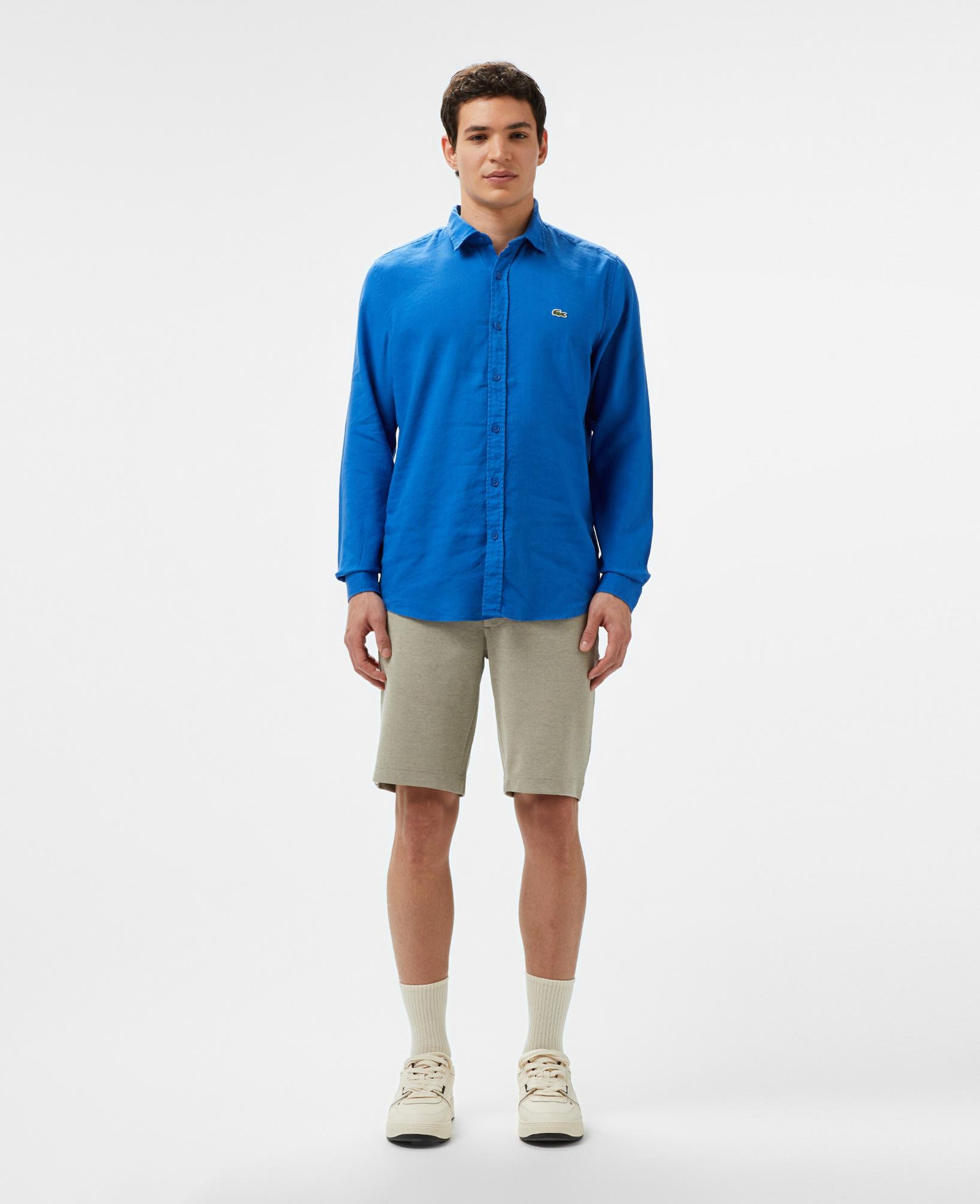 Erkek Slim Fit Keten Mavi Gömlek
