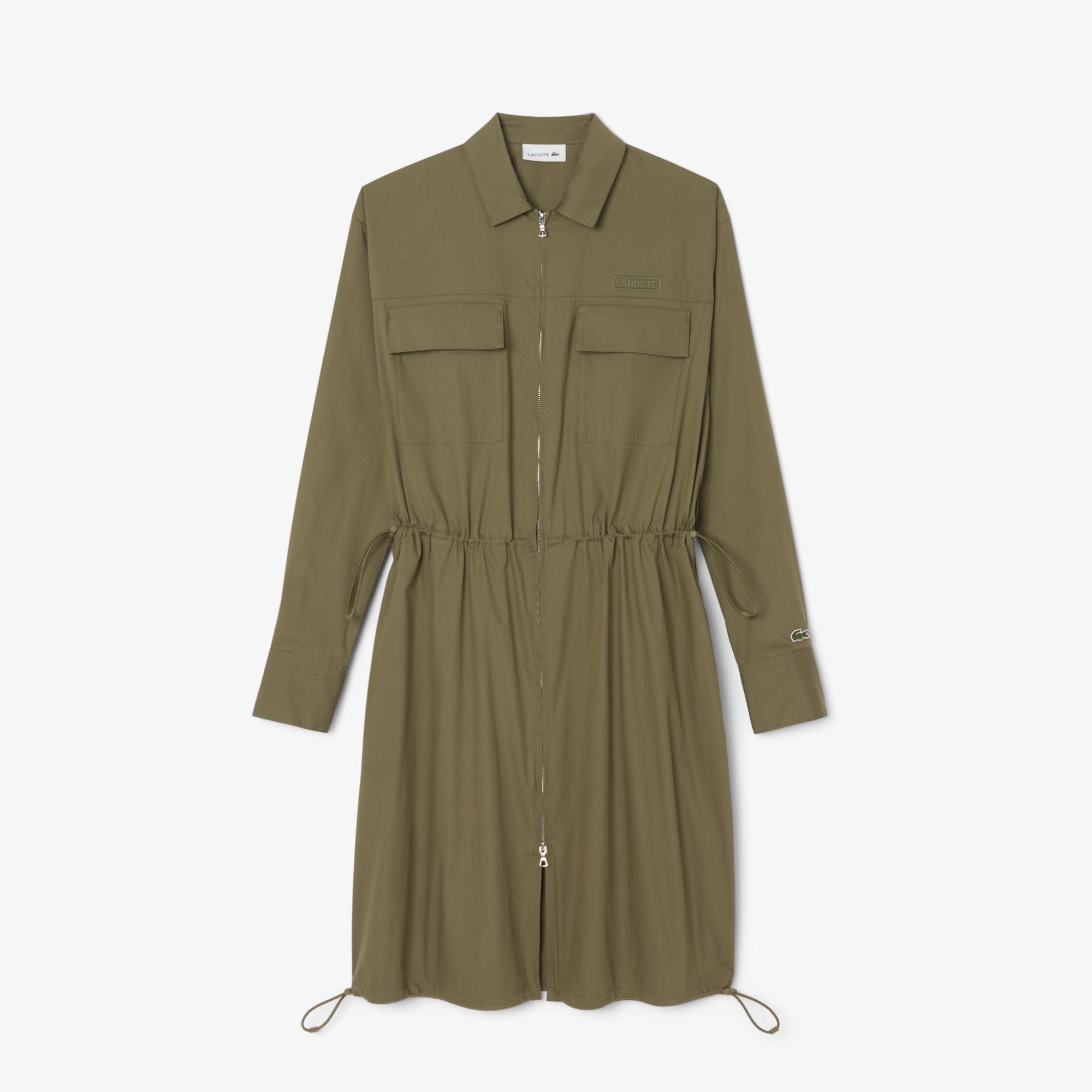 Kadın Oversize Fit Uzun Kollu Fermuarlı Haki Elbise