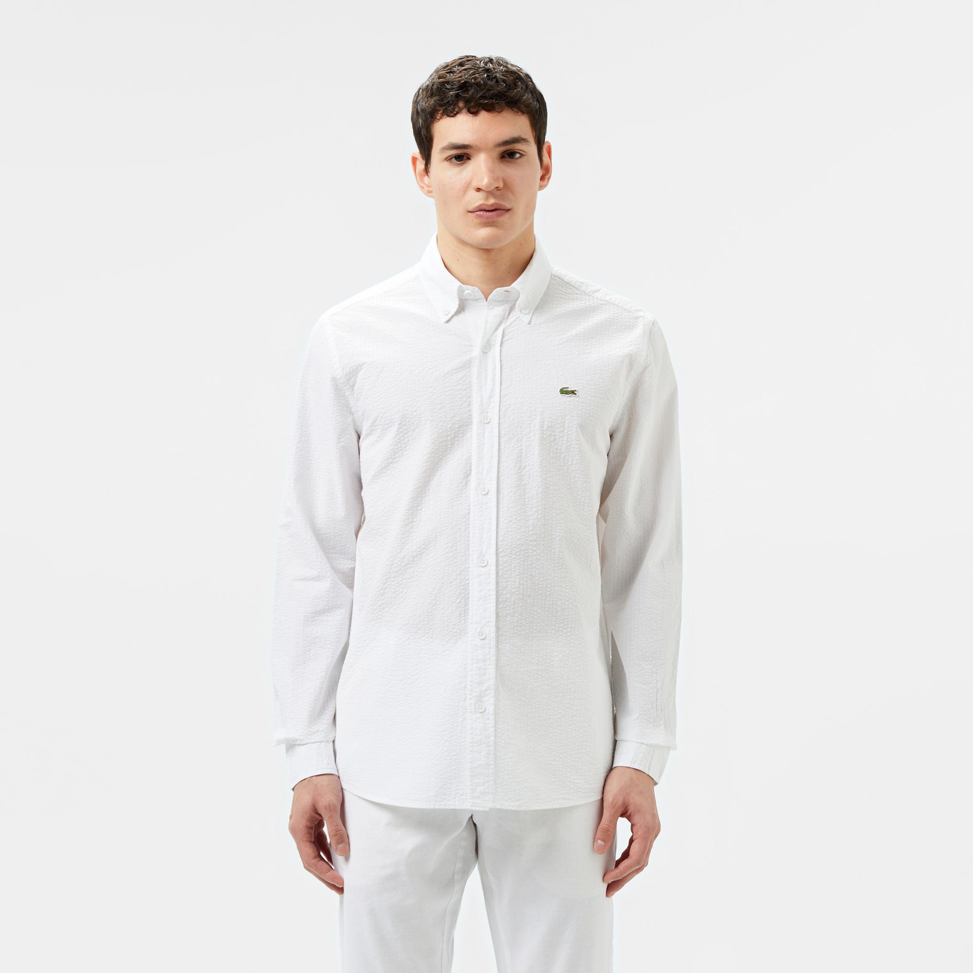 Erkek Slim Fit Düğmeli Yaka Beyaz Gömlek