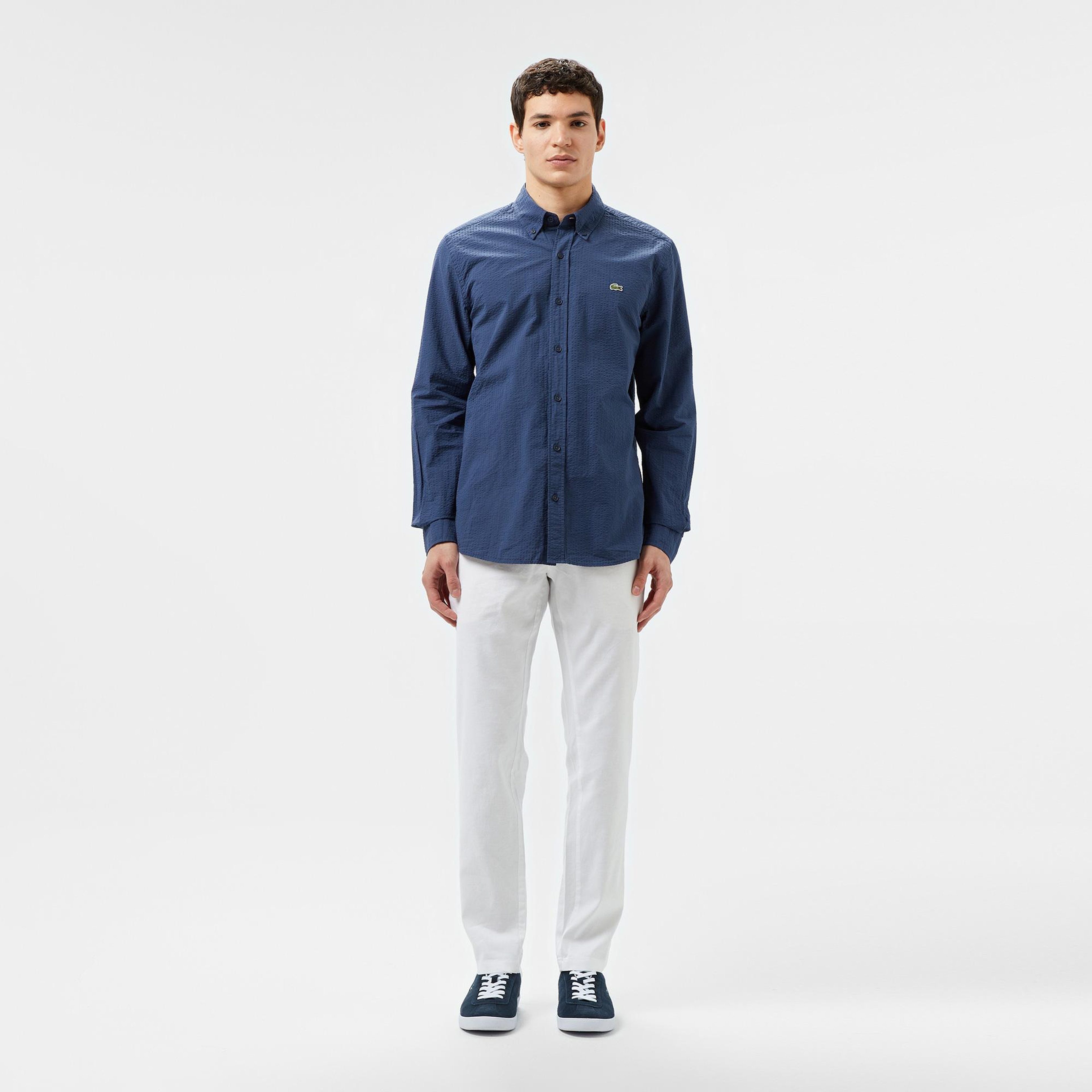 Erkek Slim Fit Düğmeli Yaka Lacivert Gömlek