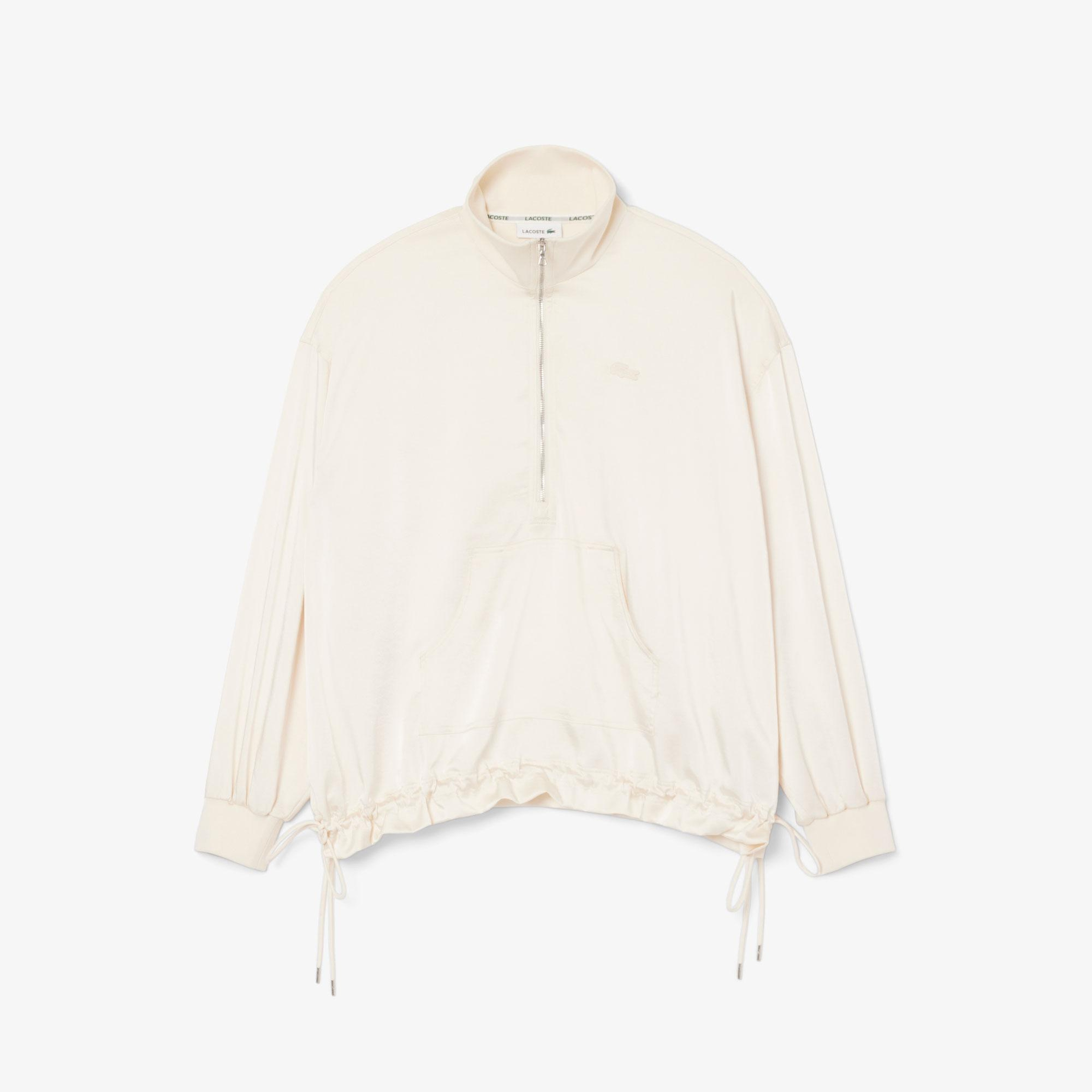 Kadın Oversize Fit Yarım Fermuarlı Krem Sweatshirt