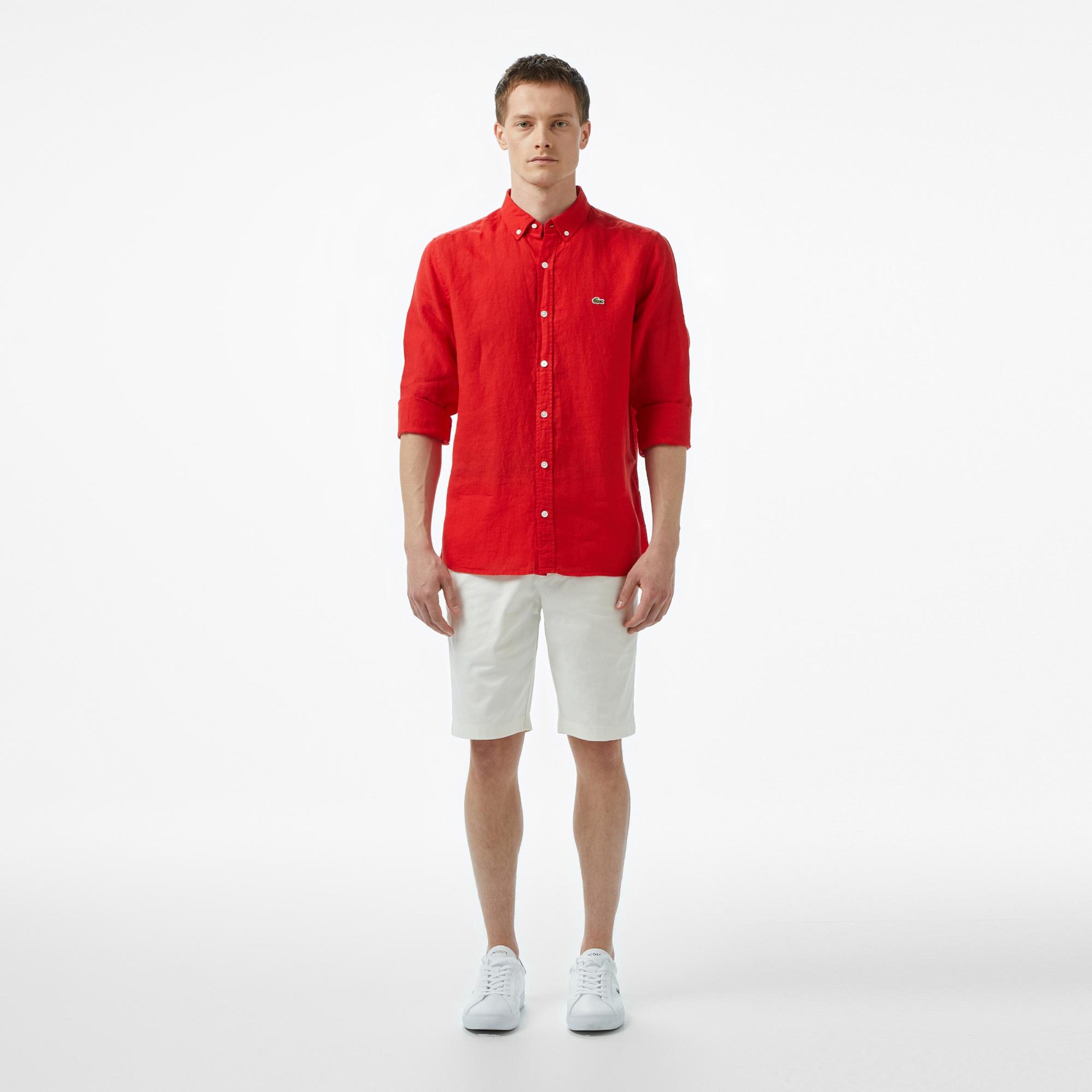 Erkek Tapered Fit Beyaz Keten Karışımlı Bermuda Şort