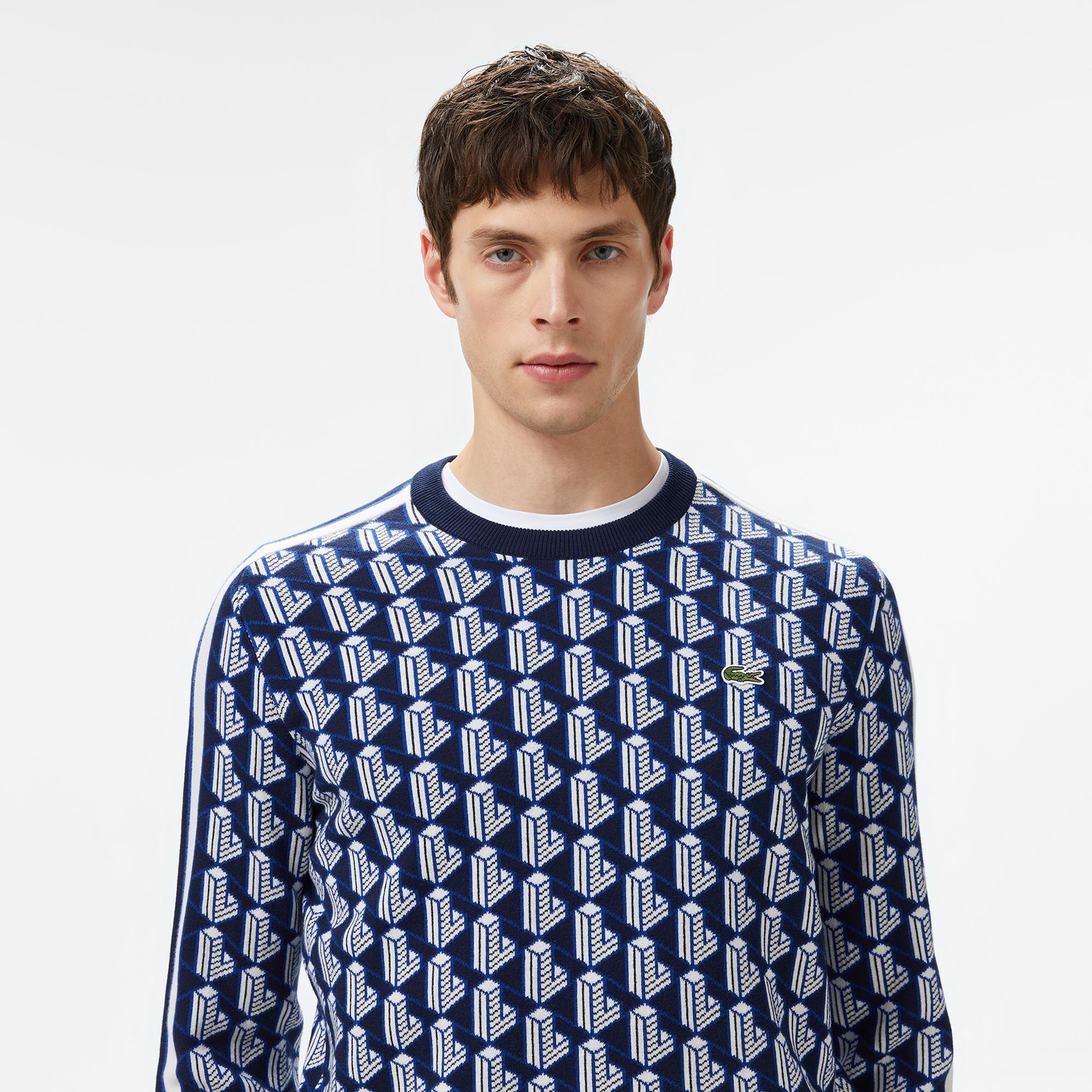 Erkek Classic Fit Bisiklet Yaka Monogram Lacivert Kazak
