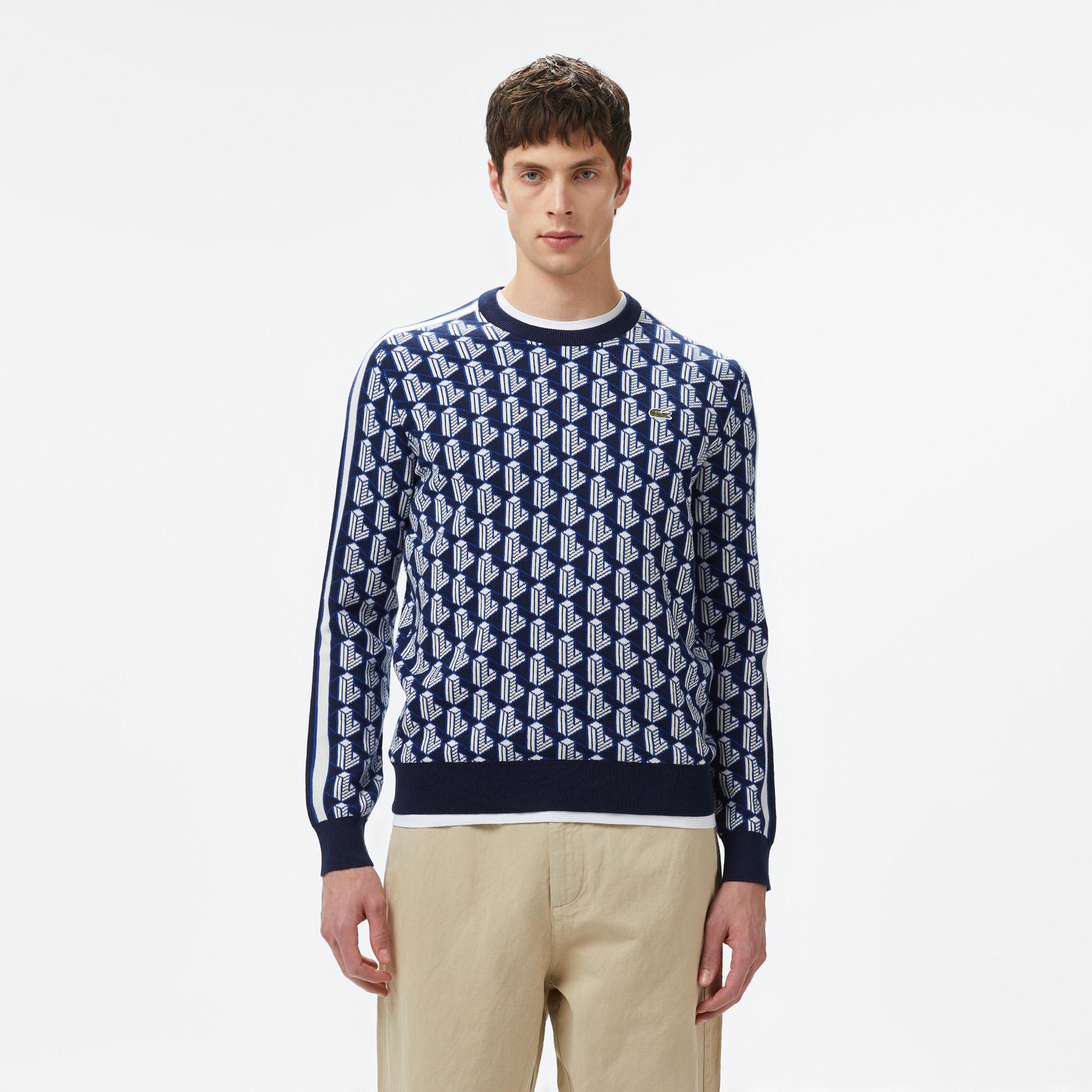Erkek Classic Fit Bisiklet Yaka Monogram Lacivert Kazak