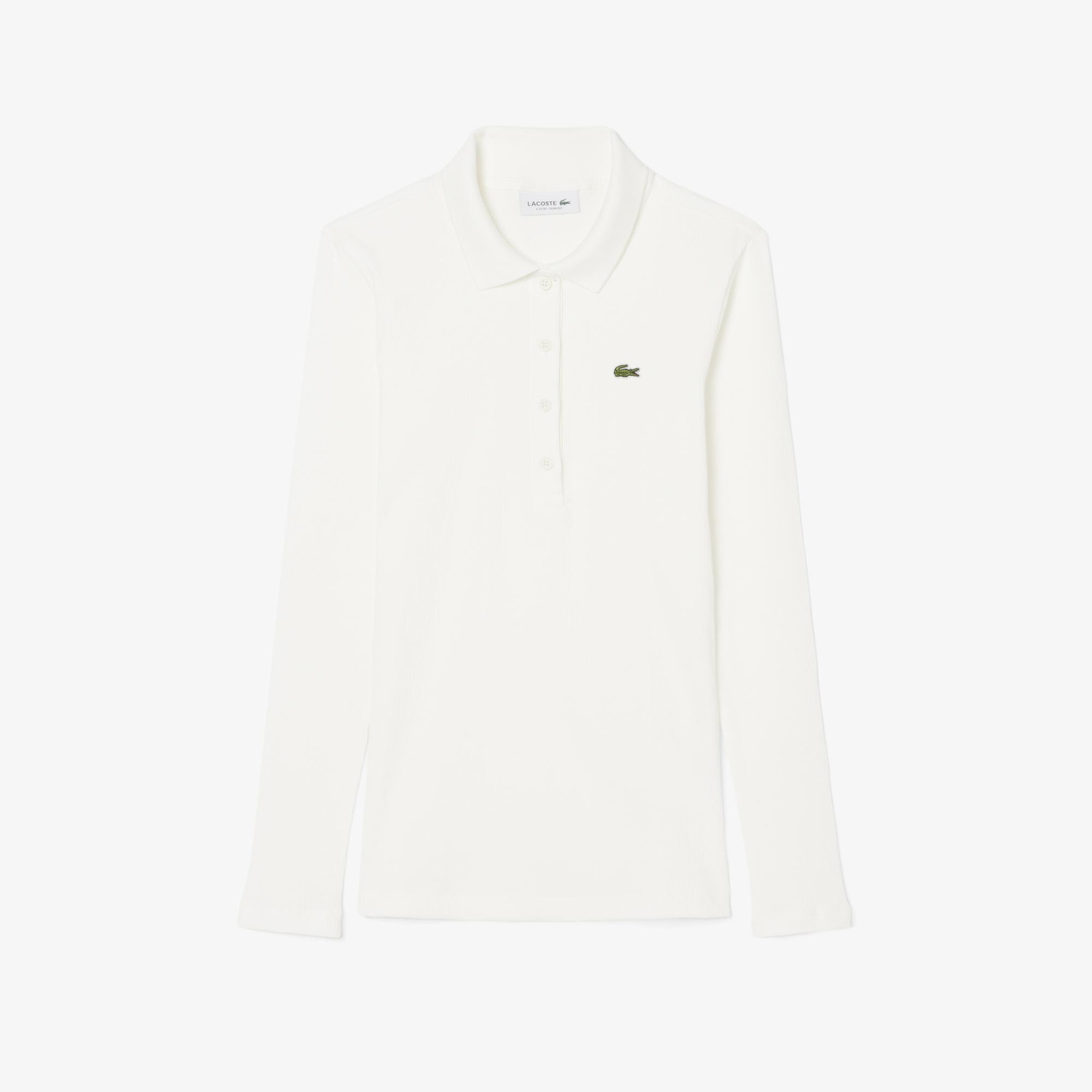 Lacoste L.12.D Kadın Slim Fit Uzun Kollu Organik Pamuk Beyaz Polo