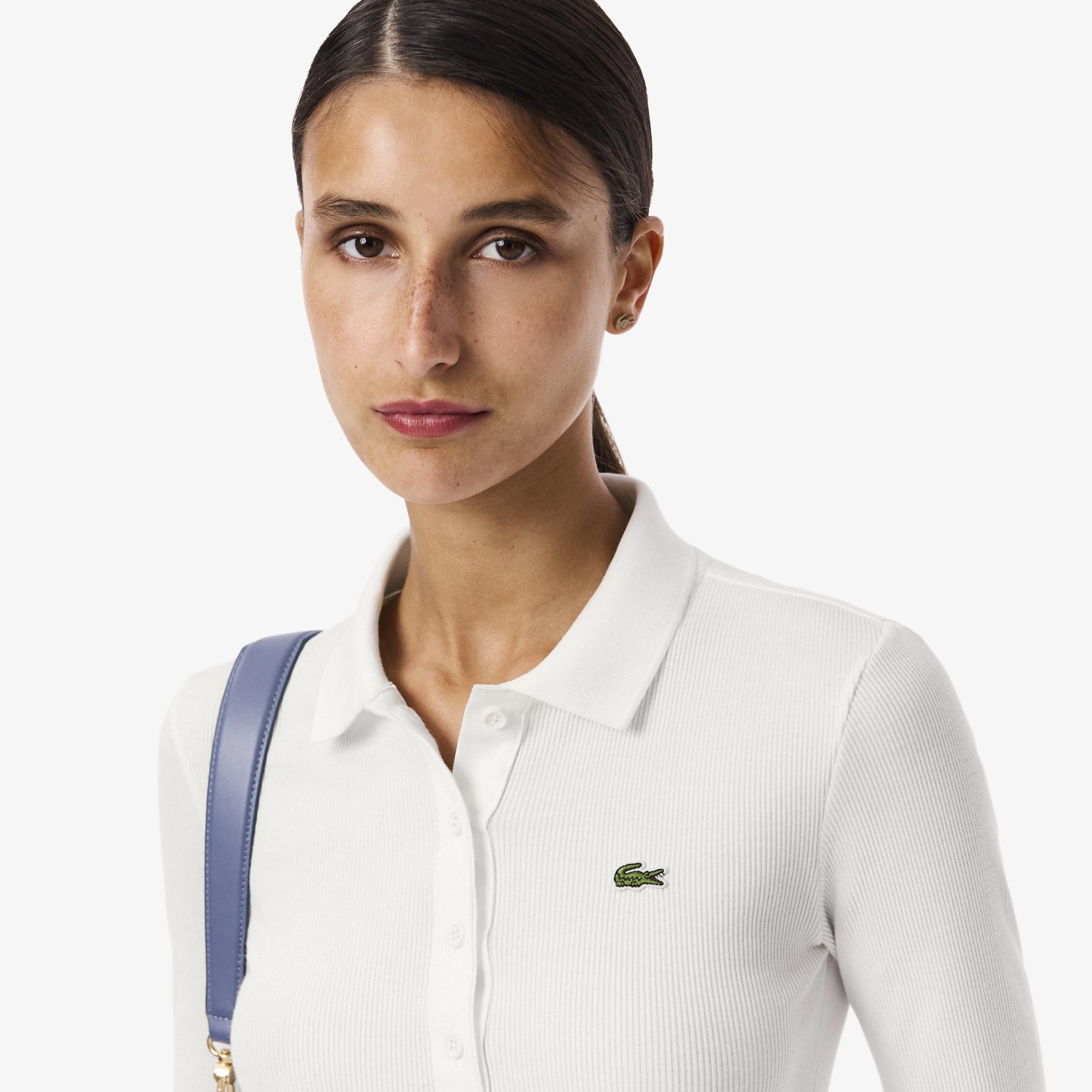 Lacoste L.12.D Kadın Slim Fit Uzun Kollu Organik Pamuk Beyaz Polo